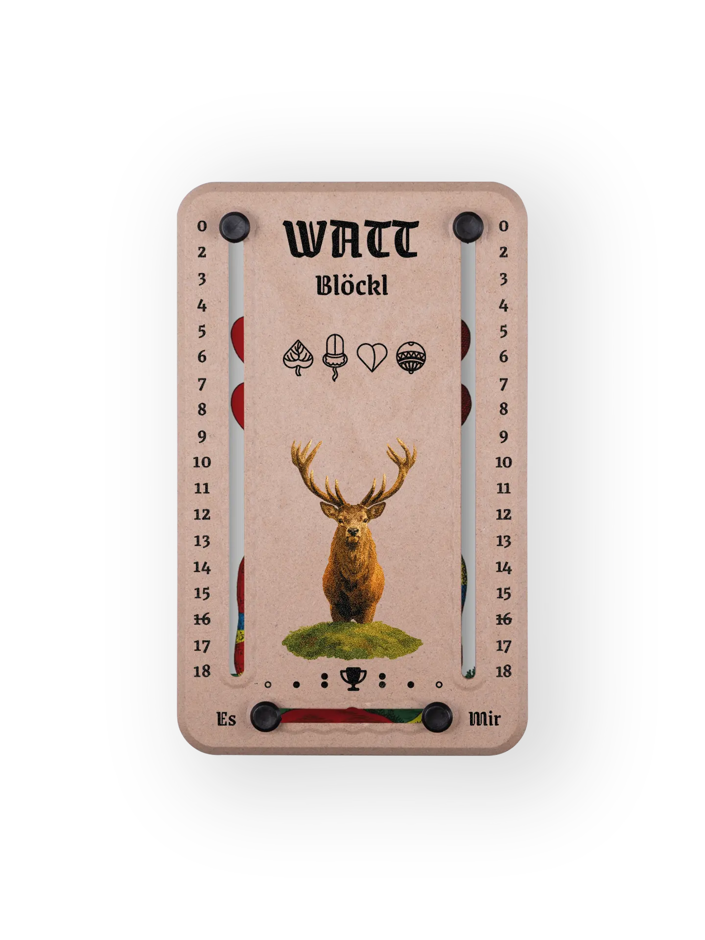 Wattblöckl bis 18 Punkte in Holzoptik und schwarzen Pins - mit Hirsch Motiv auf transparenten Hintergrund.