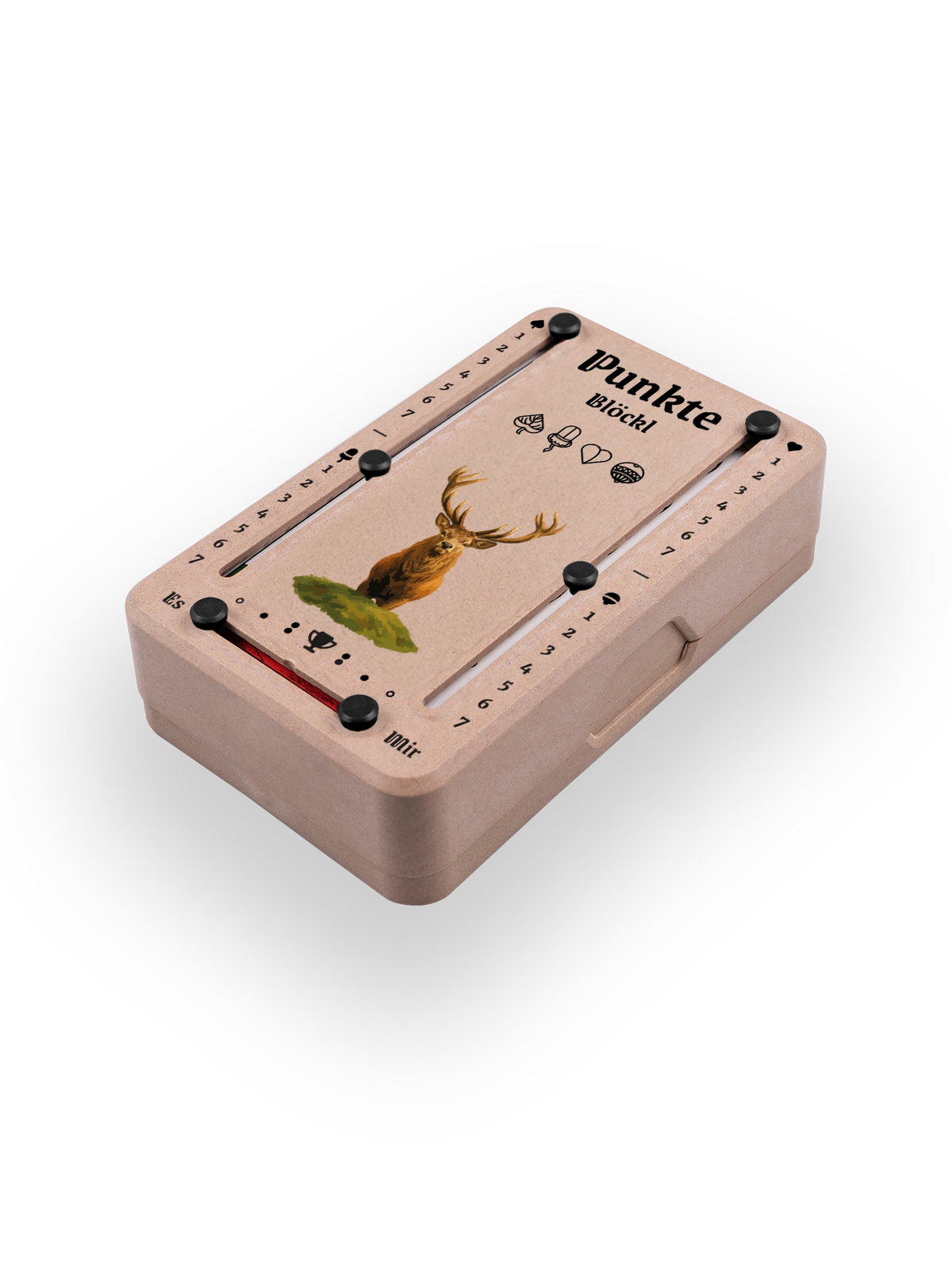 Punkteblöckl (perspektivisch fotografiert) in Holzoptik mit Motiv Hirsch.