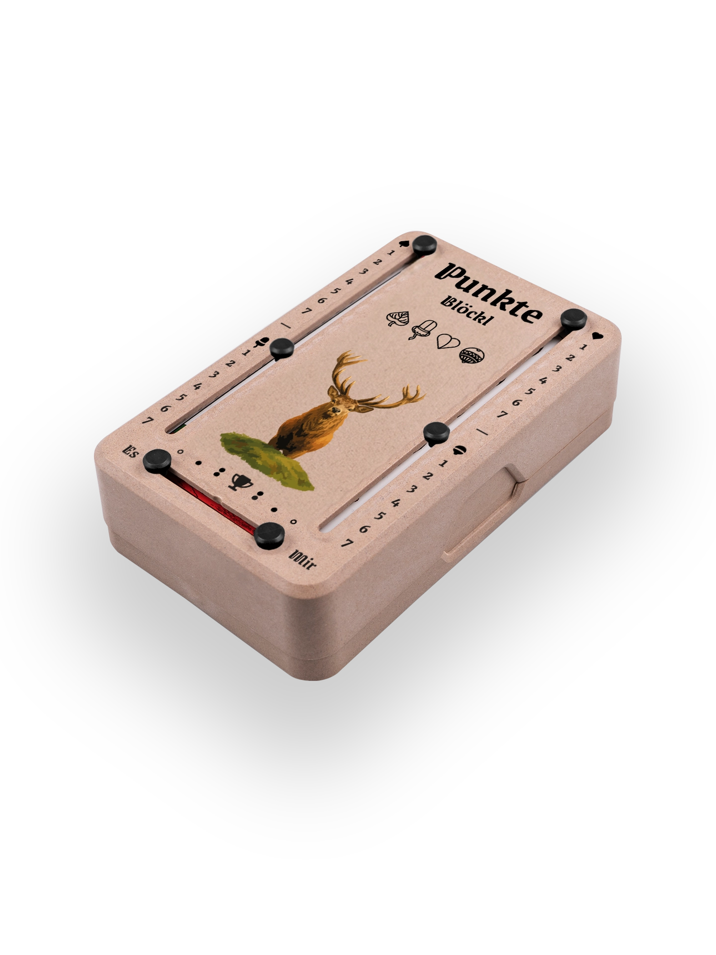 Punkteblöckl (perspektivisch fotografiert) in Holzoptik mit Motiv Hirsch.
