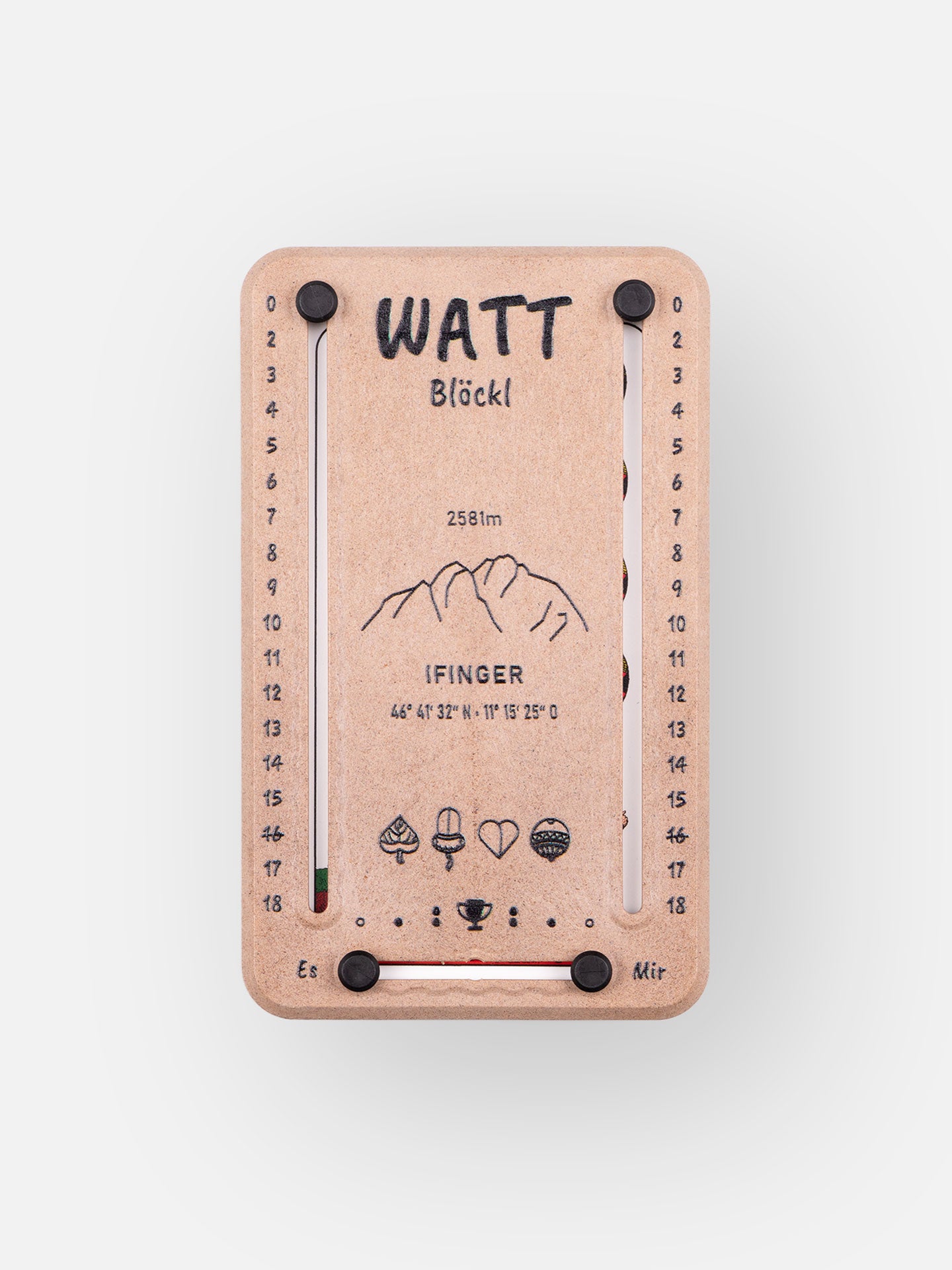 Wattblöckl in Holzoptik und schwarzen Pins - mit Ifinger Motiv auf grauen Hintergrund.