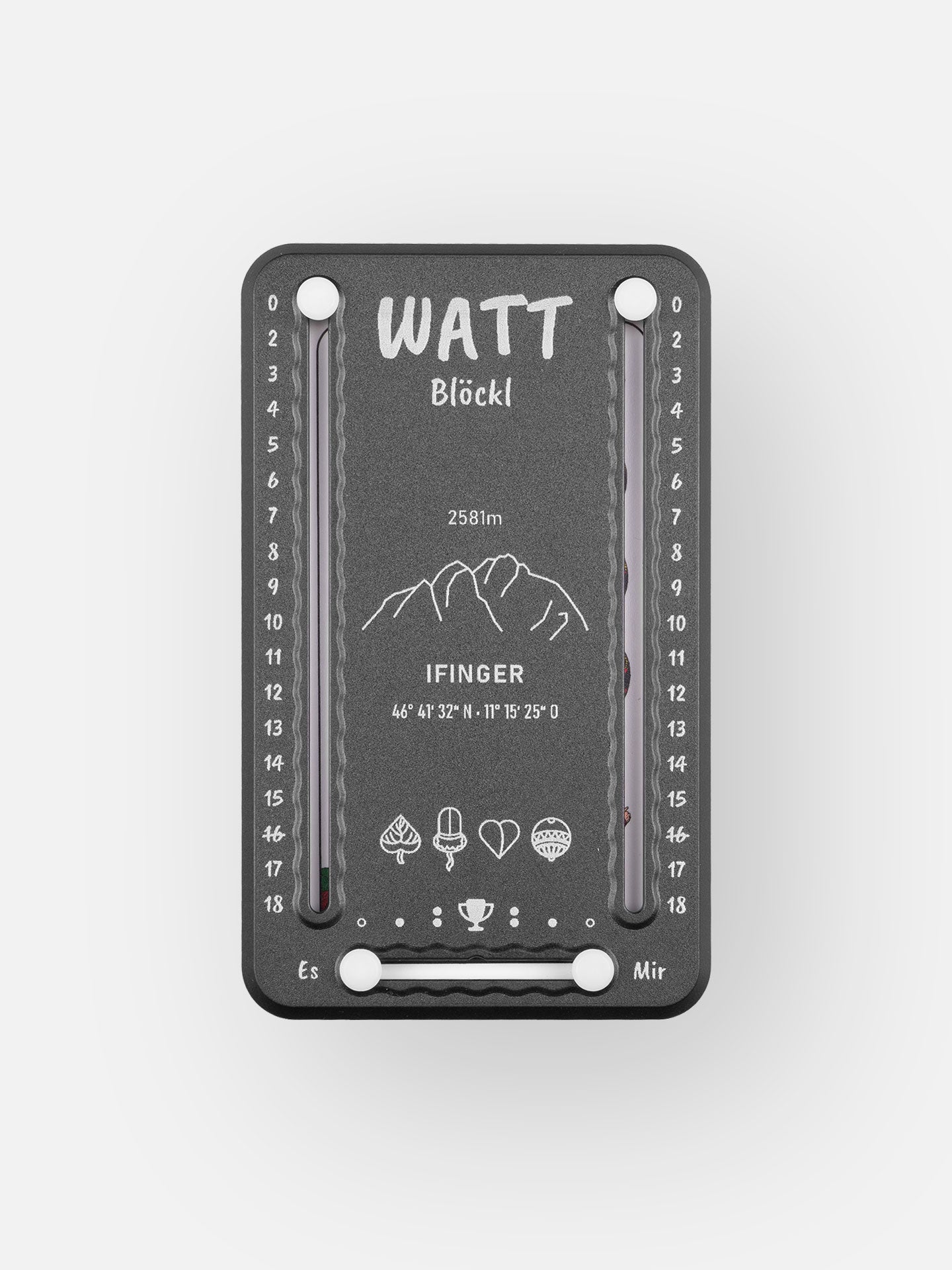 Wattblöckl aus Kunststoff in schwarz und weißen Pins - mit Ifinger Motiv auf grauen Hintergrund.