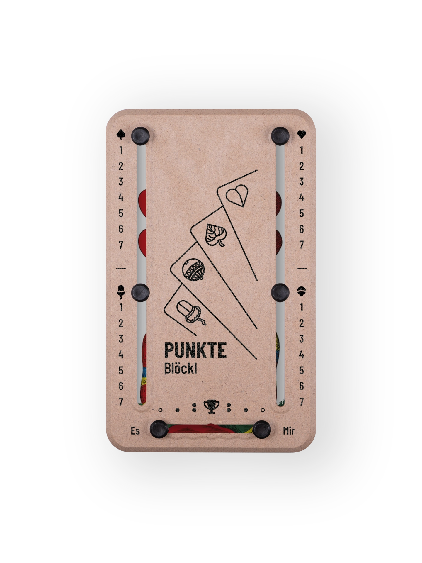 Punkteblöckl bis jeweils 7 Punkte in Holzoptik und schwarzen Pins - mit Karten Motiv auf transparenten Hintergrund.