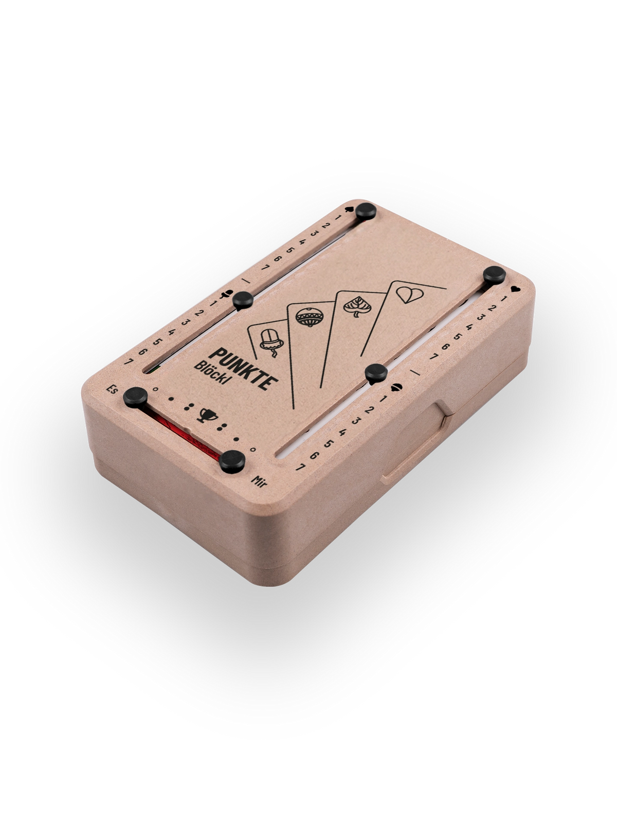 Punkteblöckl (perspektivisch fotografiert) in Holzoptik mit Motiv Karten.