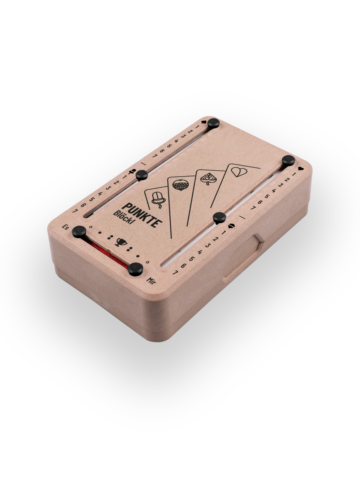 Punkteblöckl (perspektivisch fotografiert) in Holzoptik mit Motiv Karten.