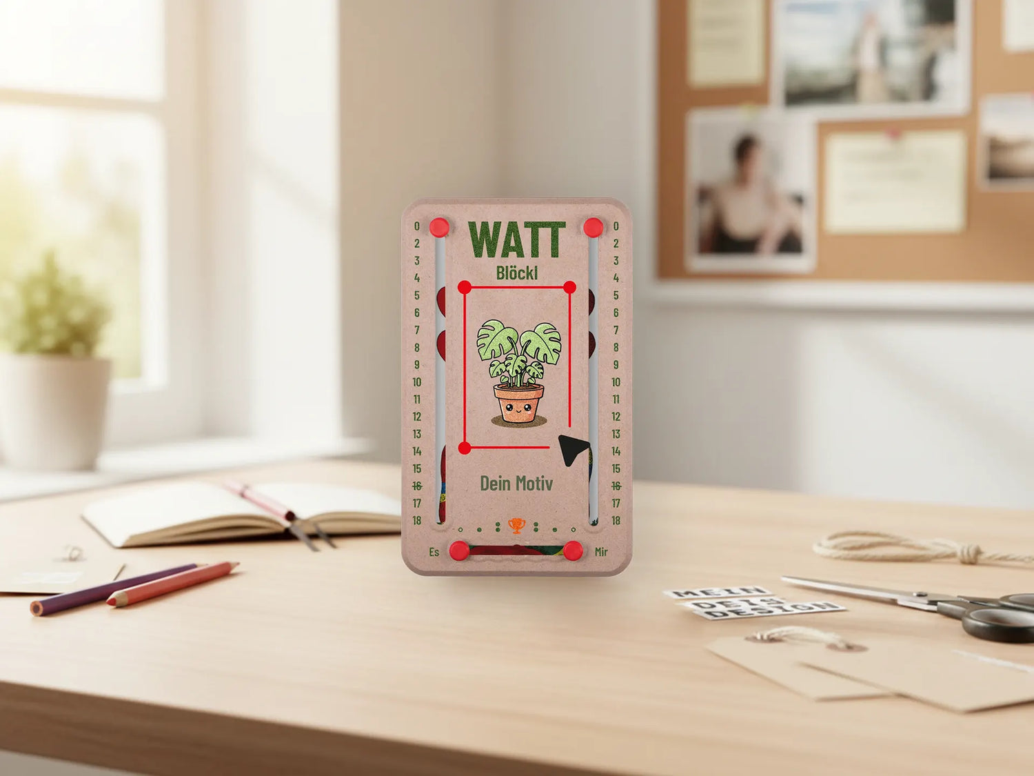 Wattbloeckl mit 18 Punkten, individuell anpassbar und mit einem Tisch mit kreativen Materialien als Hintergrund