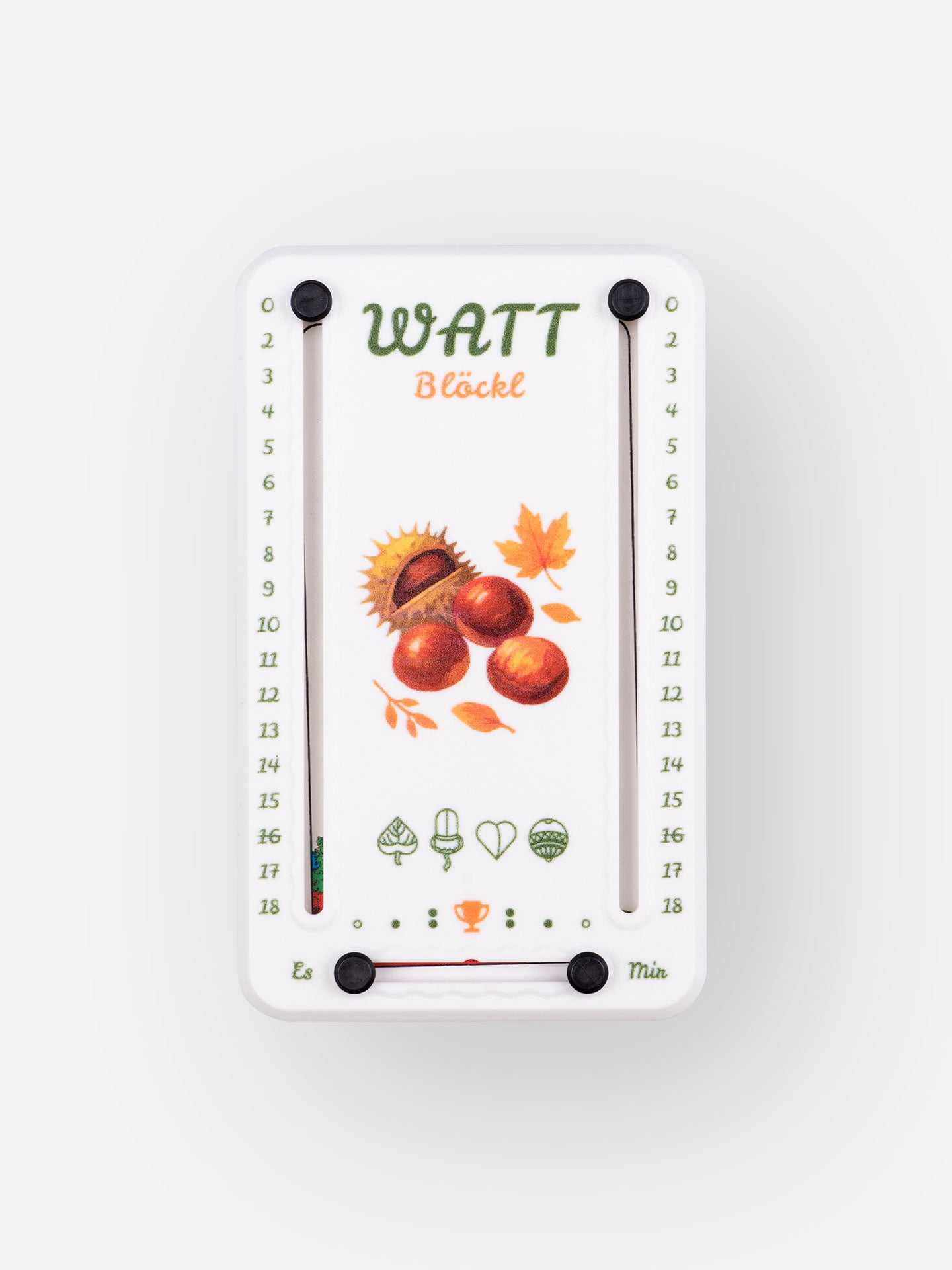 Wattblöckl aus weißem Kunststoff und schwarzen Pins - mit Kastanien Motiv auf grauen Hintergrund.
