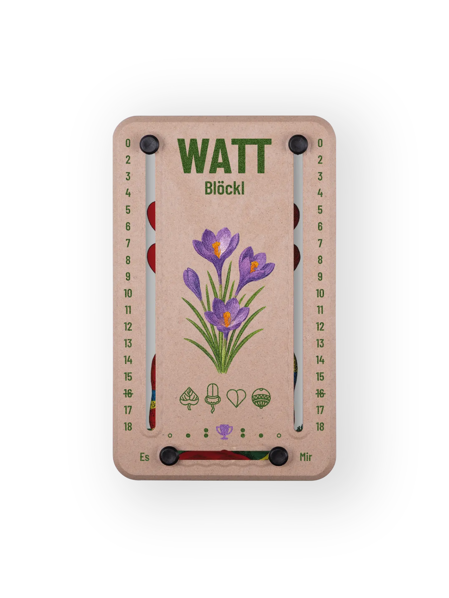 Wattblöckl bis 18 Punkte in Holzoptik und schwarzen Pins - mit Krokus Motiv auf transparenten Hintergrund.