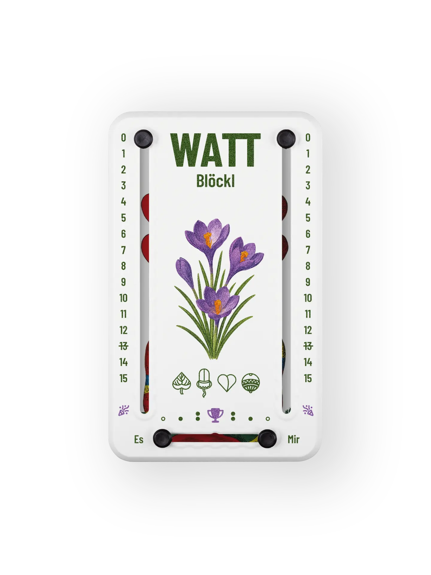 Wattblöckl bis 15 Punkte in Kunststoff weiß  und schwarzen Pins - mit Krokus Motiv auf transparenten Hintergrund.