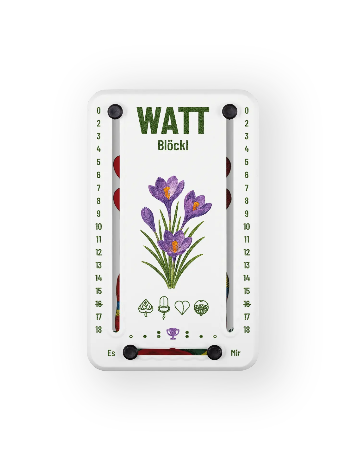 Wattblöckl bis 18 Punkte in Kunststoff weiß  und schwarzen Pins - mit Krokus Motiv auf transparenten Hintergrund.