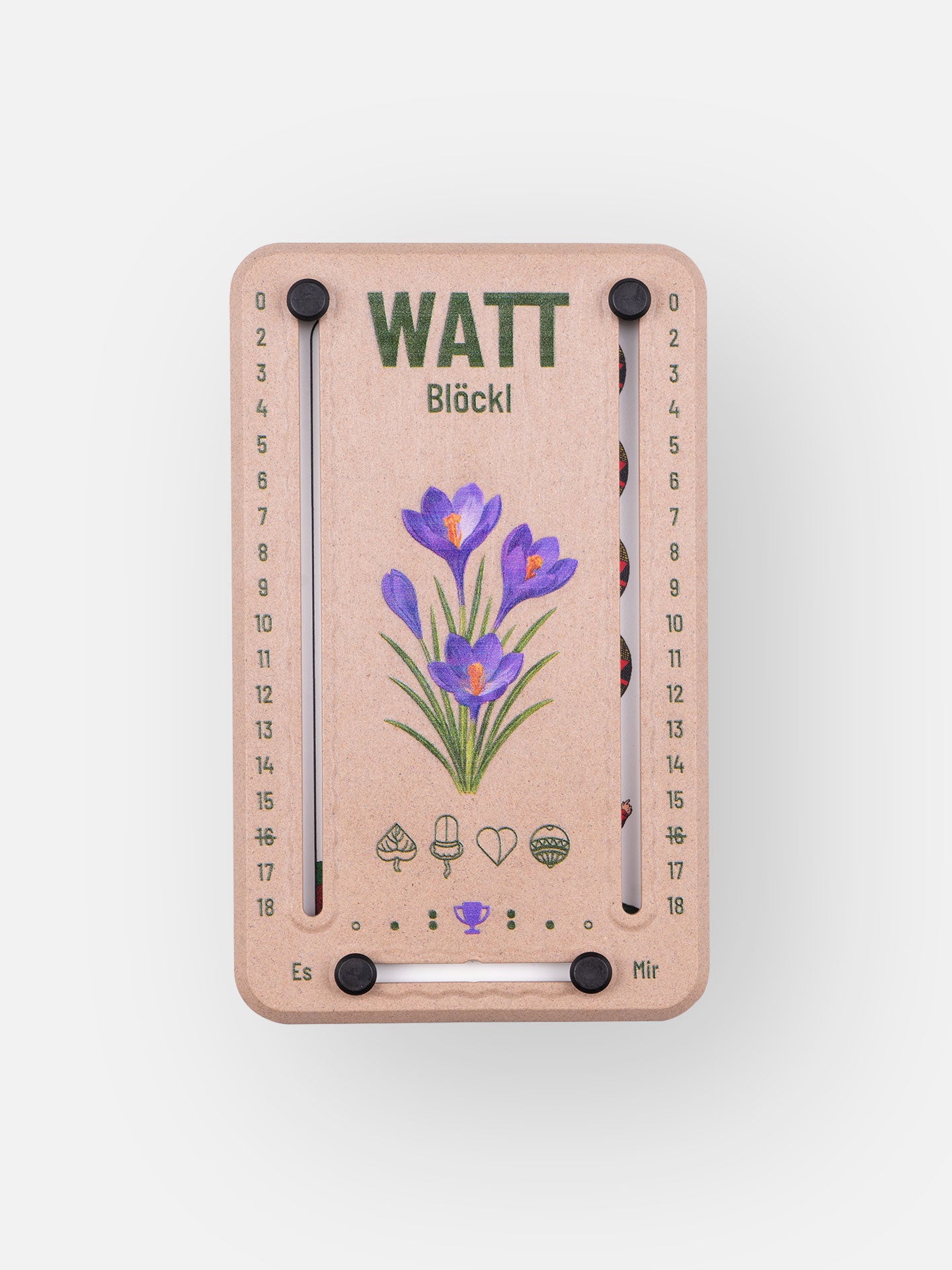 Wattblöckl in Holzoptik und schwarzen Pins - mit Krokus Motiv auf grauen Hintergrund.