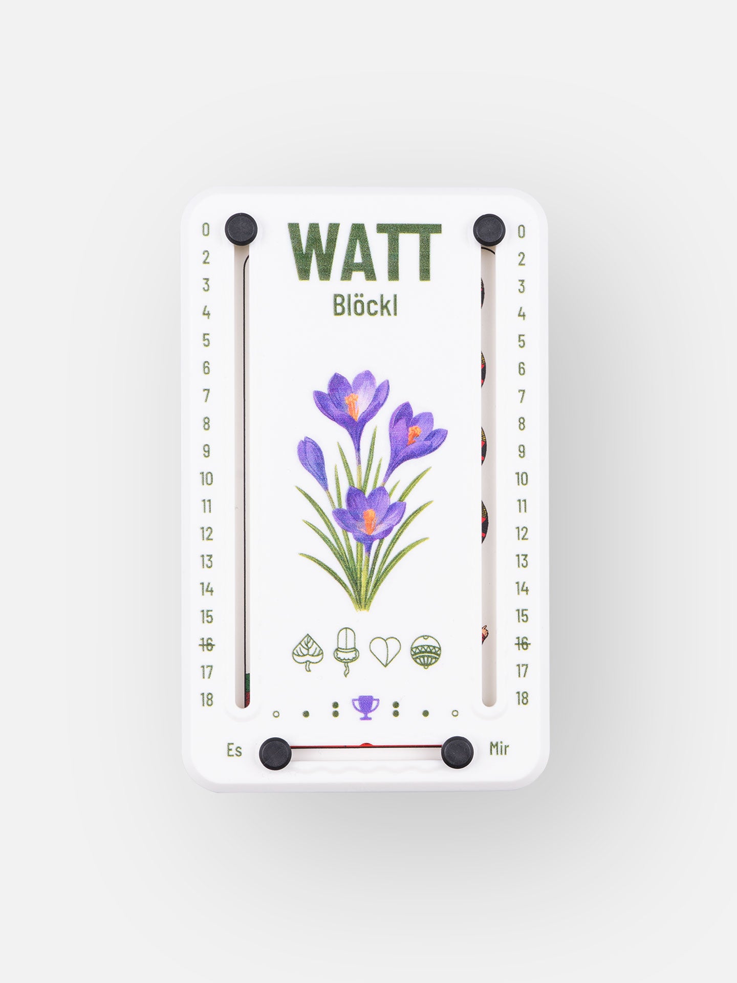 Wattblöckl aus Kunststoff in weiß und schwarzen Pins - mit Krokus Motiv auf grauen Hintergrund.