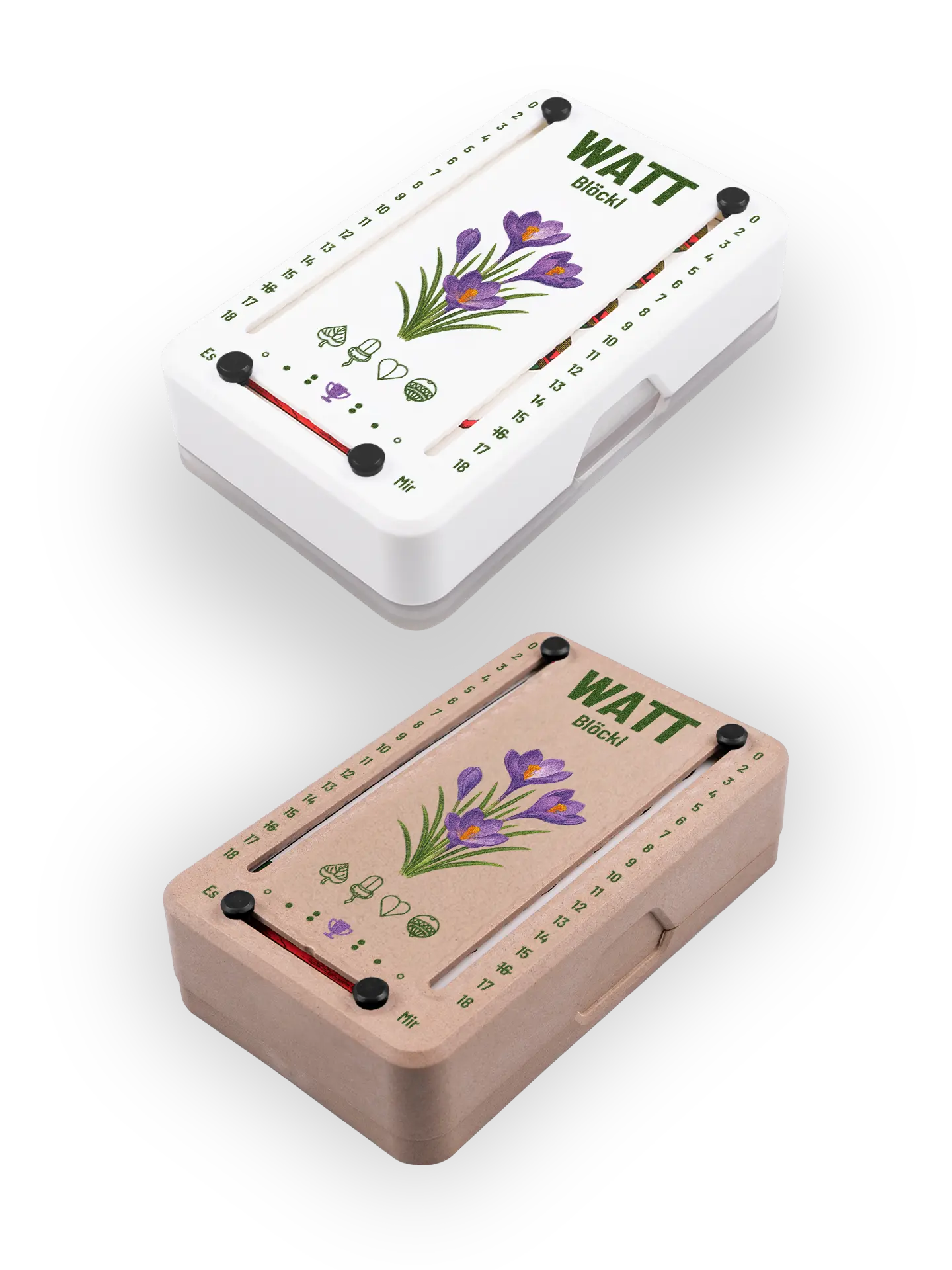 Zwei Wattblöckl (perspektivisch fotografiert) in Kunststoff weiß und Holzoptik mit Motiv Krokus.