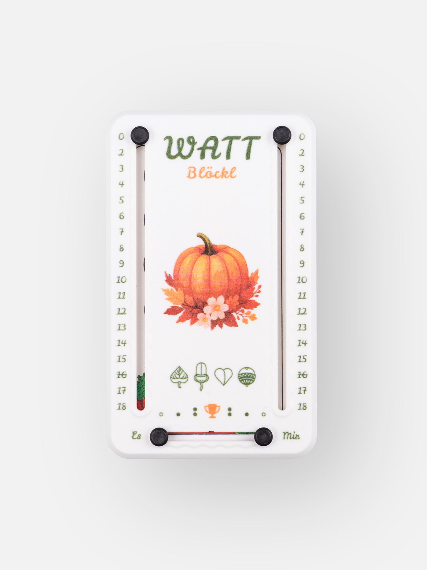 Wattblöckl aus weißem Kunststoff und schwarzen Pins - mit Kürbis Motiv auf grauen Hintergrund.