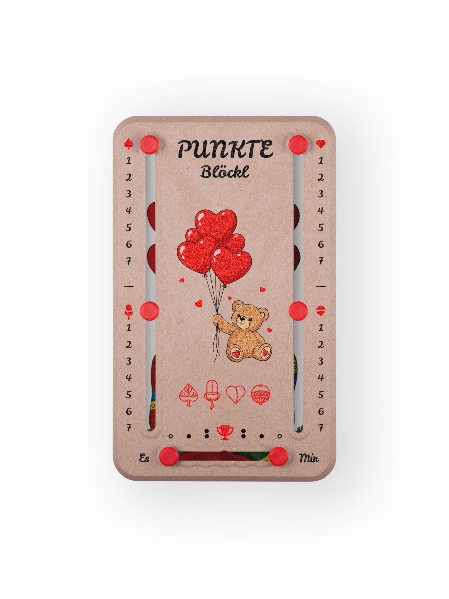 Punkteblöckl bis jeweils 7 Punkte in Holzoptik und roten Pins - mit Kuschelbaer Motiv auf transparenten Hintergrund.