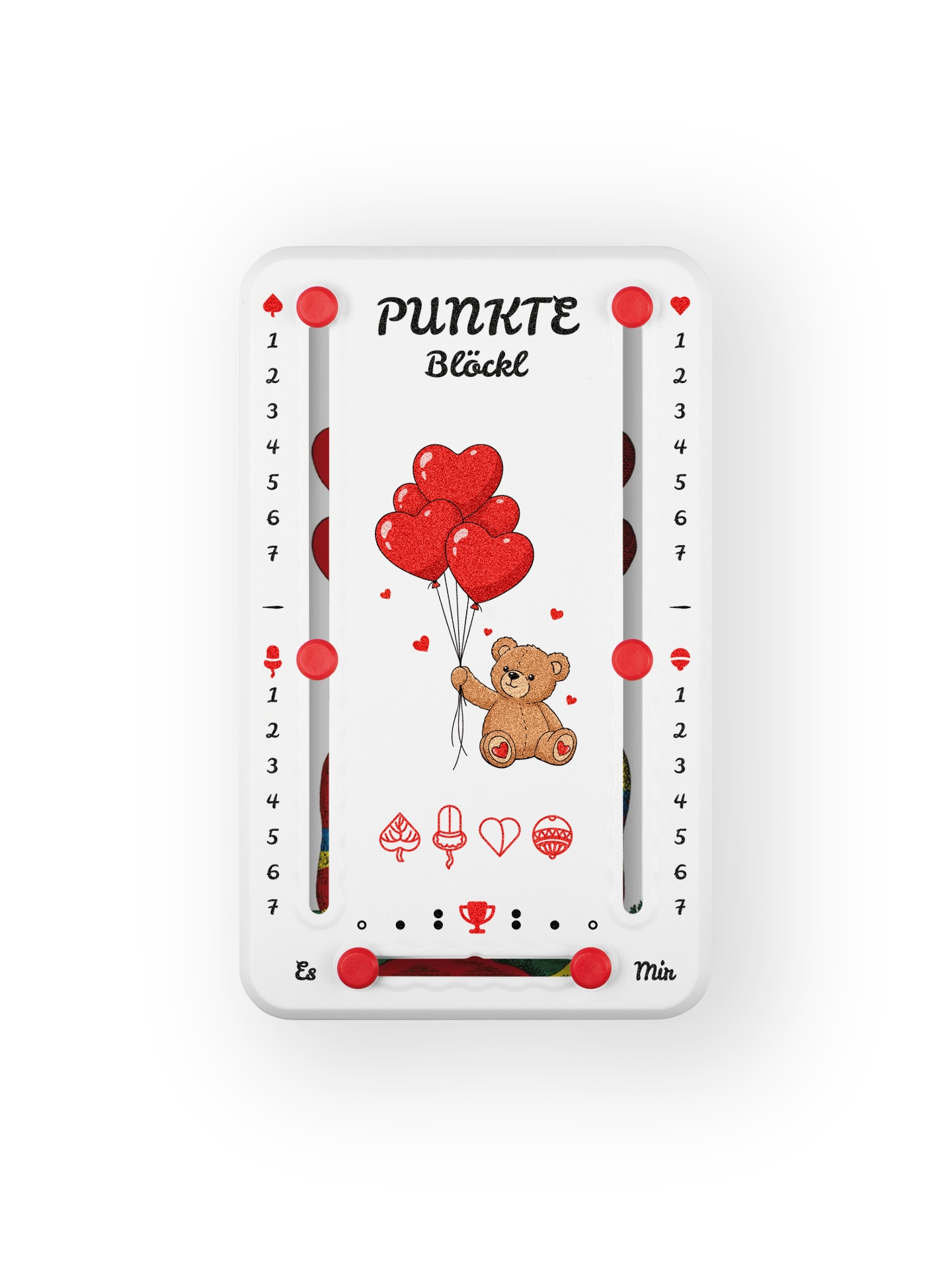 Punkteblöckl bis jeweils 7 Punkte in Kunststoff weiß  und roten Pins - mit Kuschelbaer Motiv auf transparenten Hintergrund.