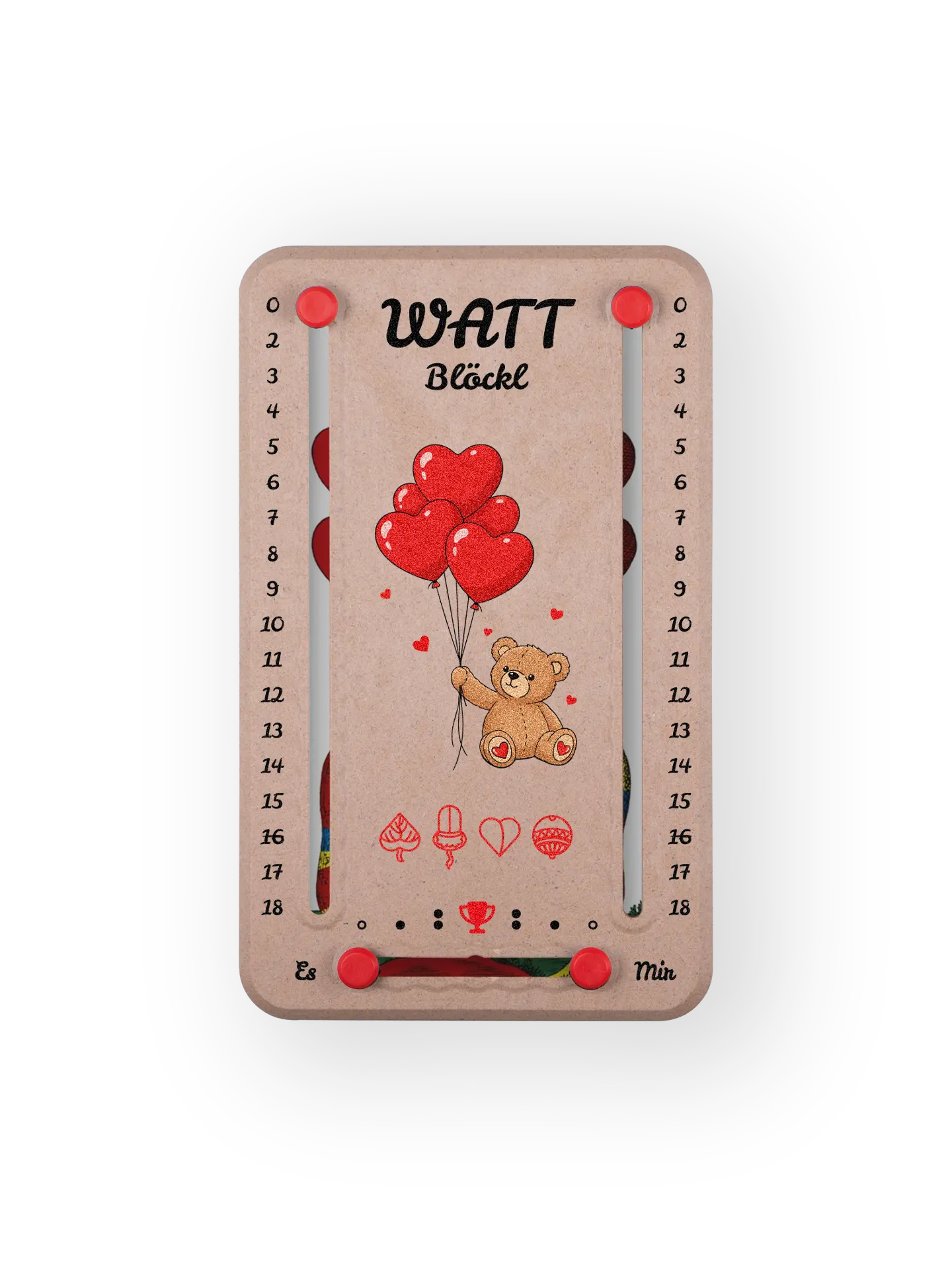 Wattblöckl bis 18 Punkte in Holzoptik und roten Pins - mit Kuschelbaer Motiv auf transparenten Hintergrund.