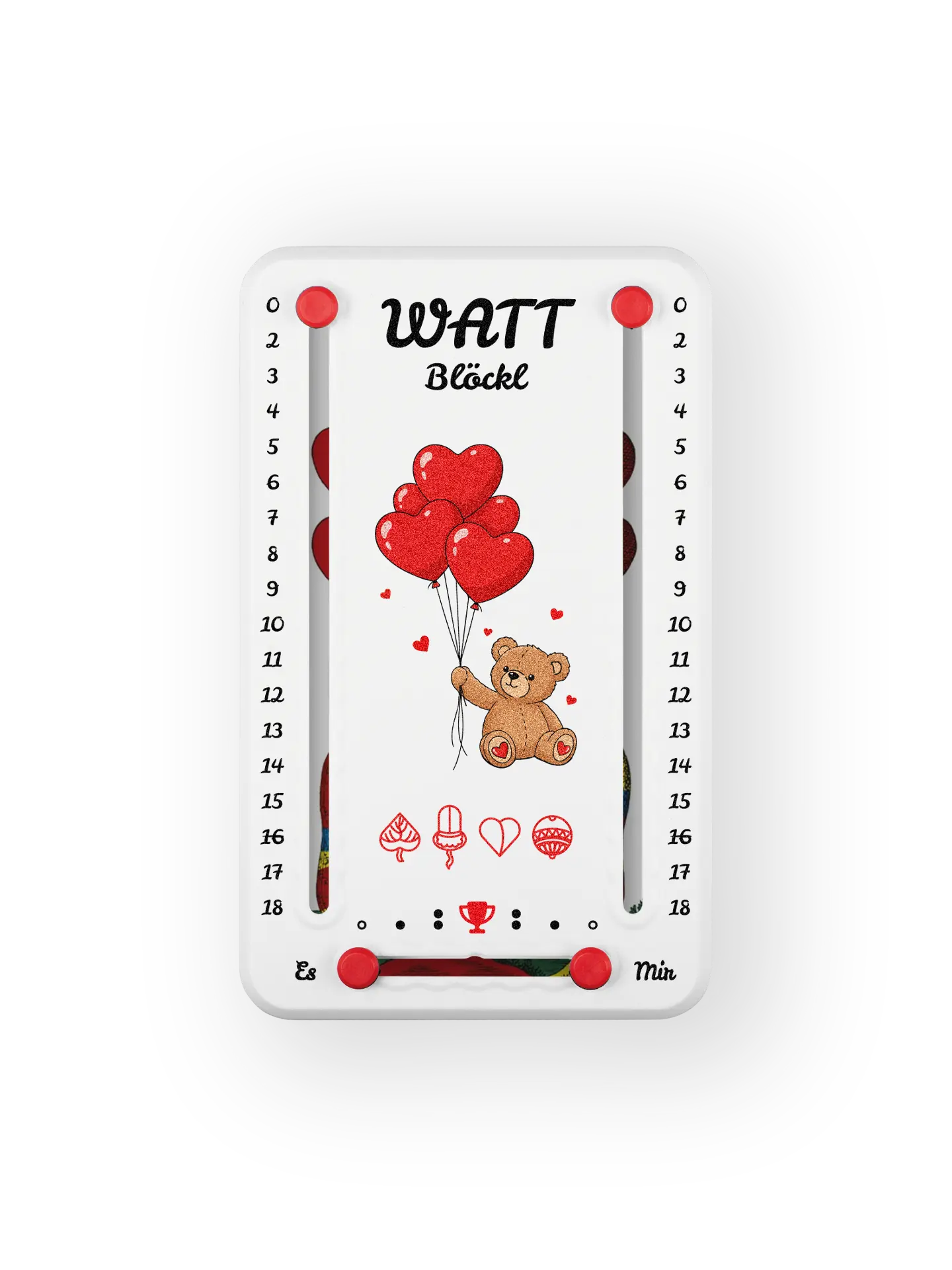 Wattbloeckl bis 18 Punkte in Kunststoff weiß  und roten Pins - mit Kuschelbaer Motiv auf transparenten Hintergrund.