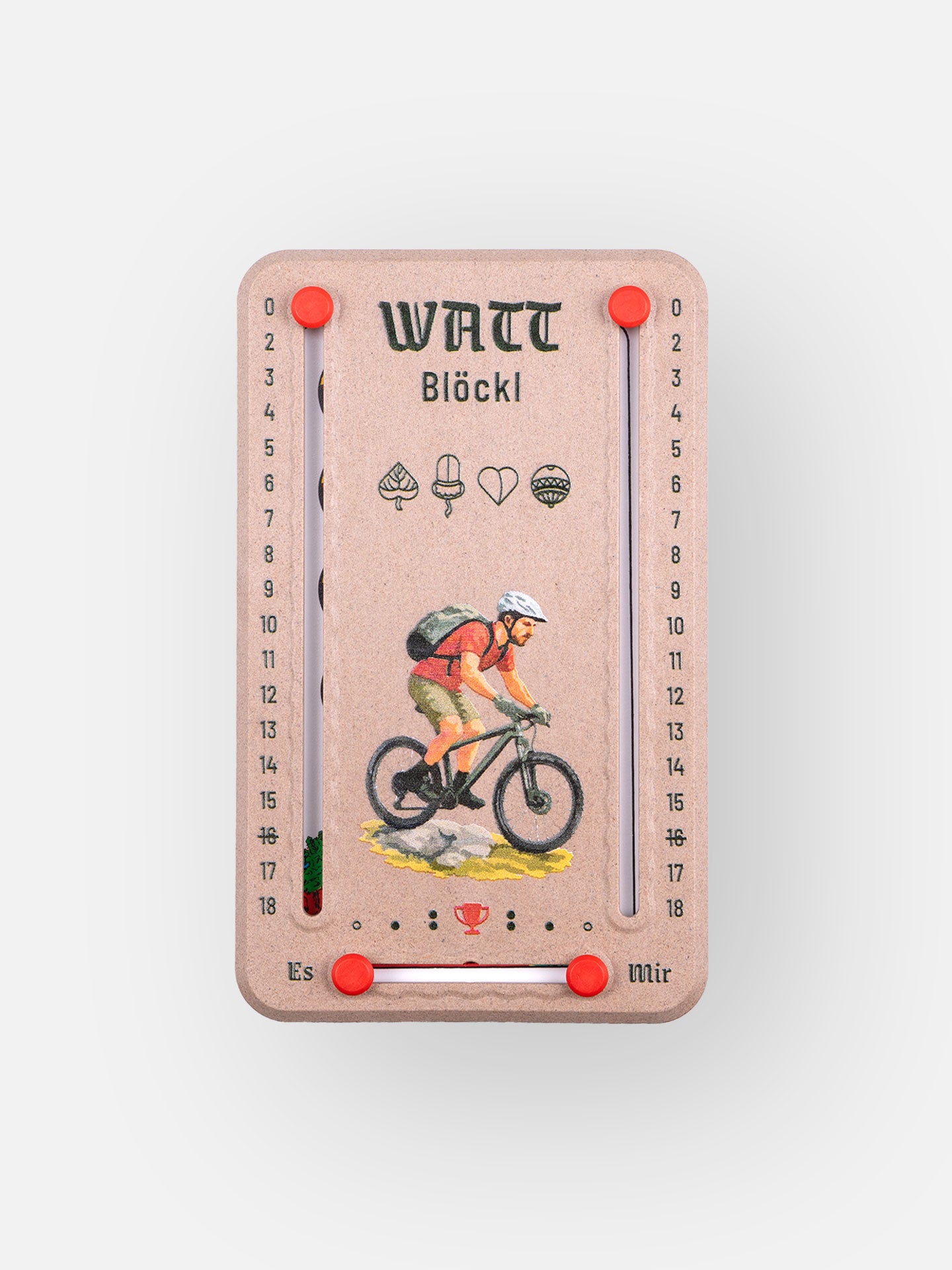 Wattblöckl in Holzoptik und roten Pins - mit Mountainbiker Motiv auf grauen Hintergrund.