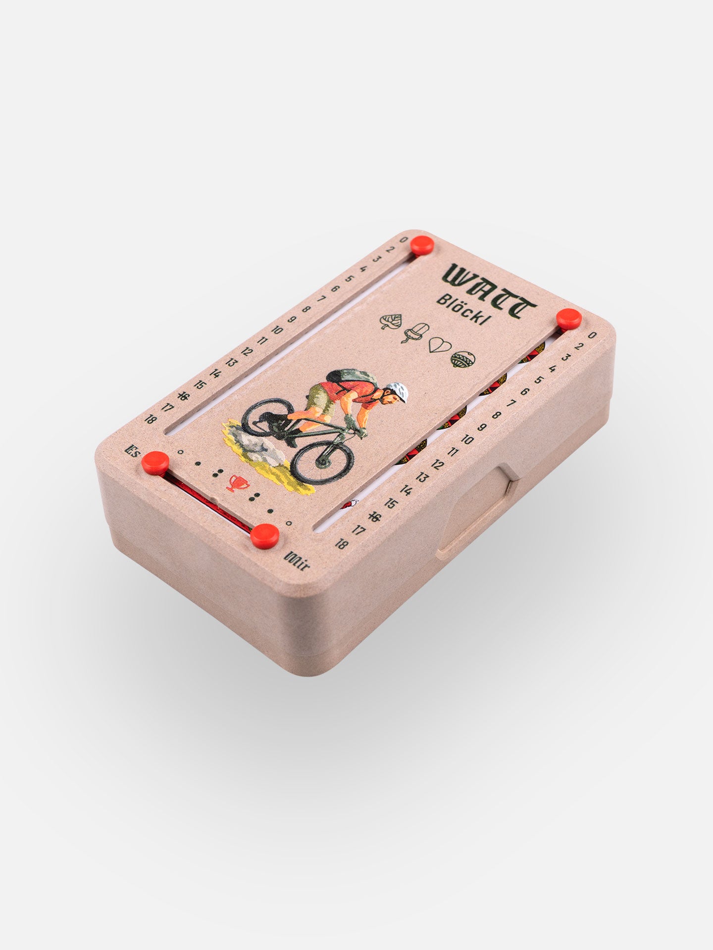 Wattblöckl (perspektivisch fotografiert) in Holzoptik mit Motiv Mountainbiker.