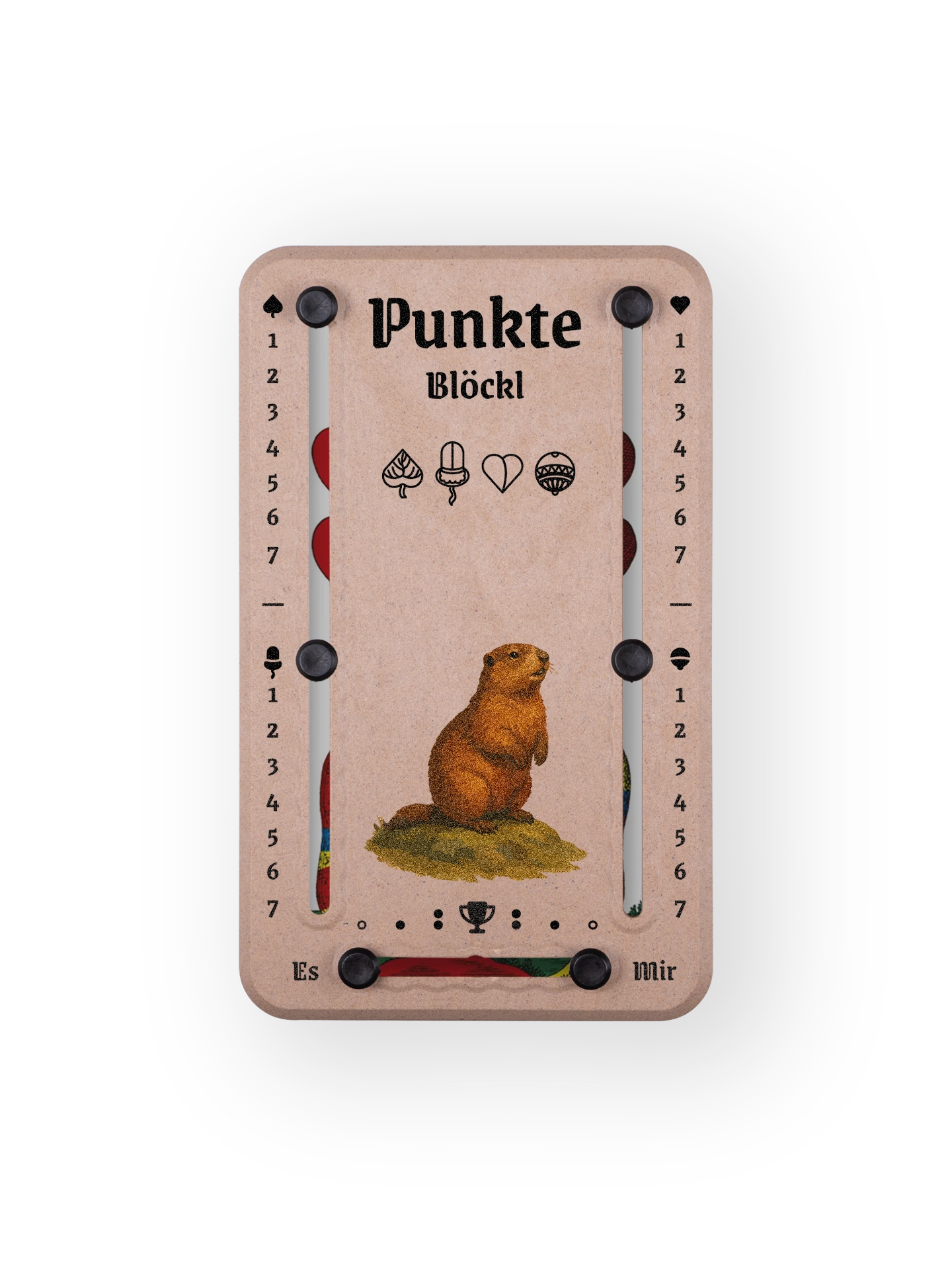 Punkteblöckl bis jeweils 7 Punkte in Holzoptik  und schwarzen Pins - mit Murmeltier Motiv auf transparenten Hintergrund 