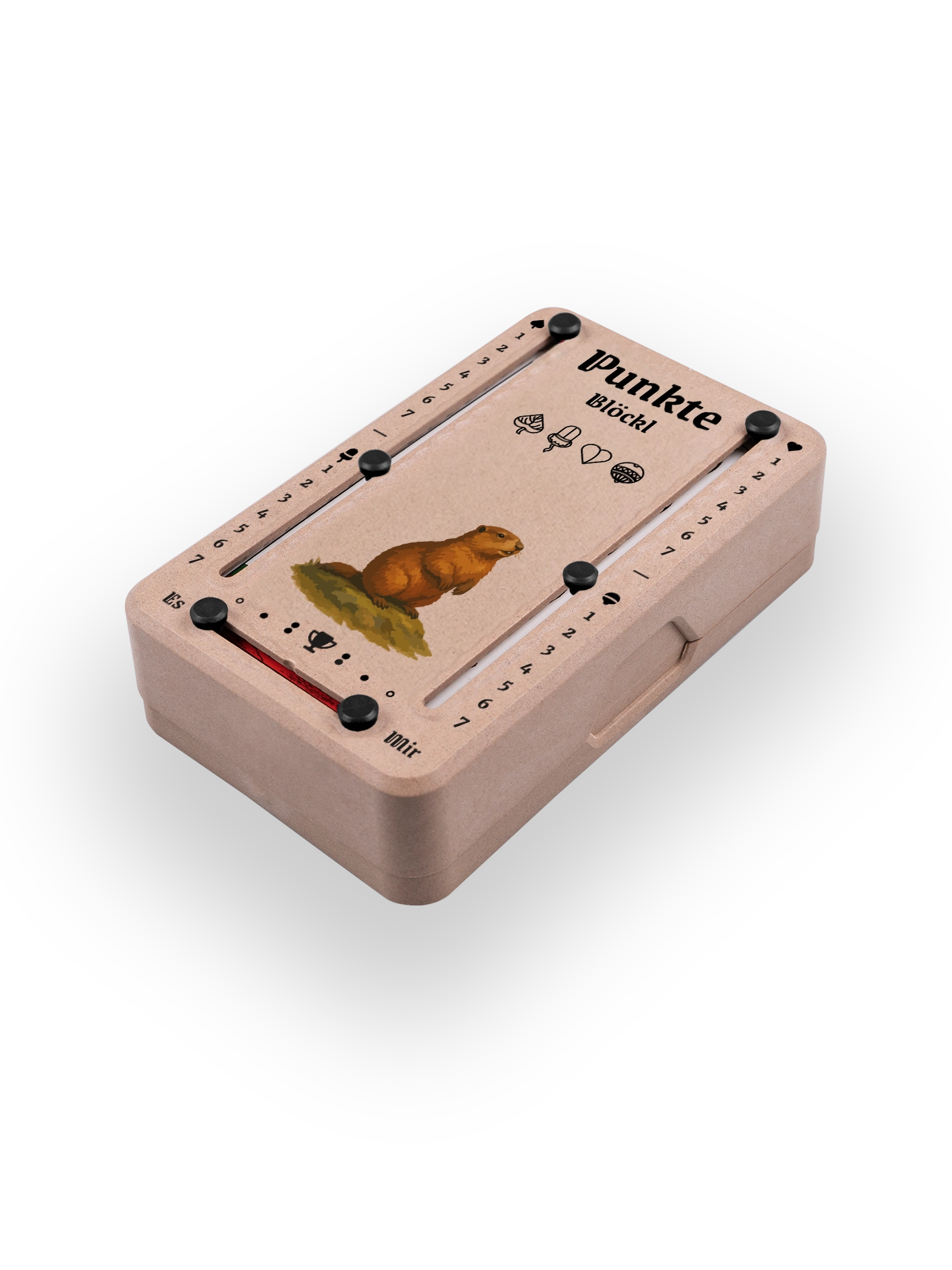 Punkteblöckl (perspektivisch fotografiert) in Holzoptik mit Motiv Murmeltier.