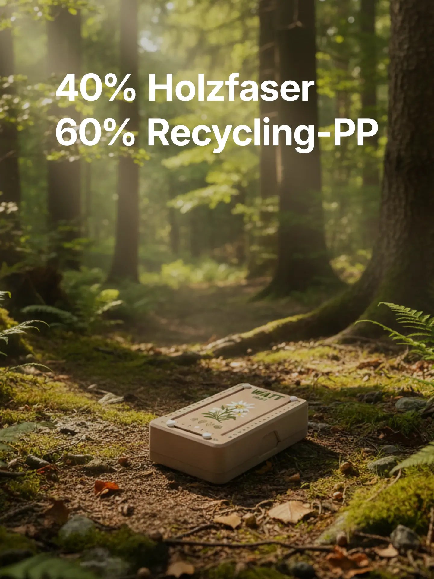 Nachhaltiges Wattblöckl aus 40 % Holzfaser und 60 % Recycling-PP.
