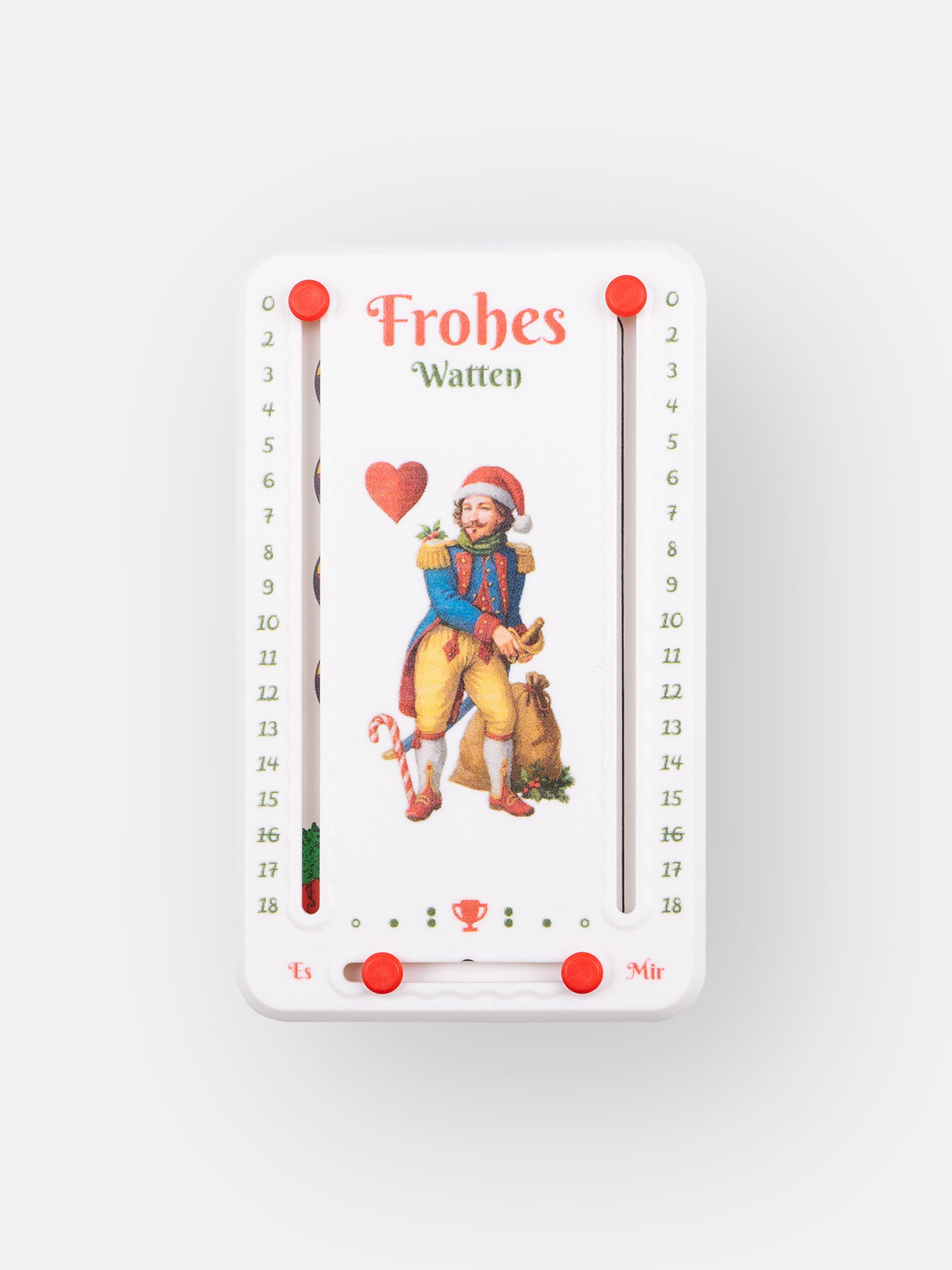 Wattblöckl aus weißem Kunststoff und roten Pins - mit Ober der Weihnacht  Motiv auf grauen Hintergrund. 