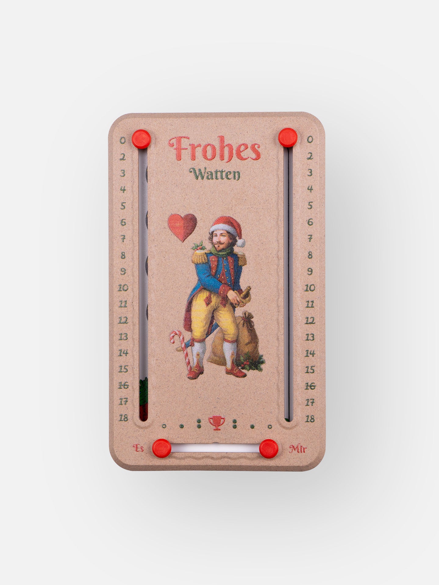 Wattblöckl in Holzoptik und roten Pins und Motiv Ober der Weihnacht auf grauen Hintergrund. 