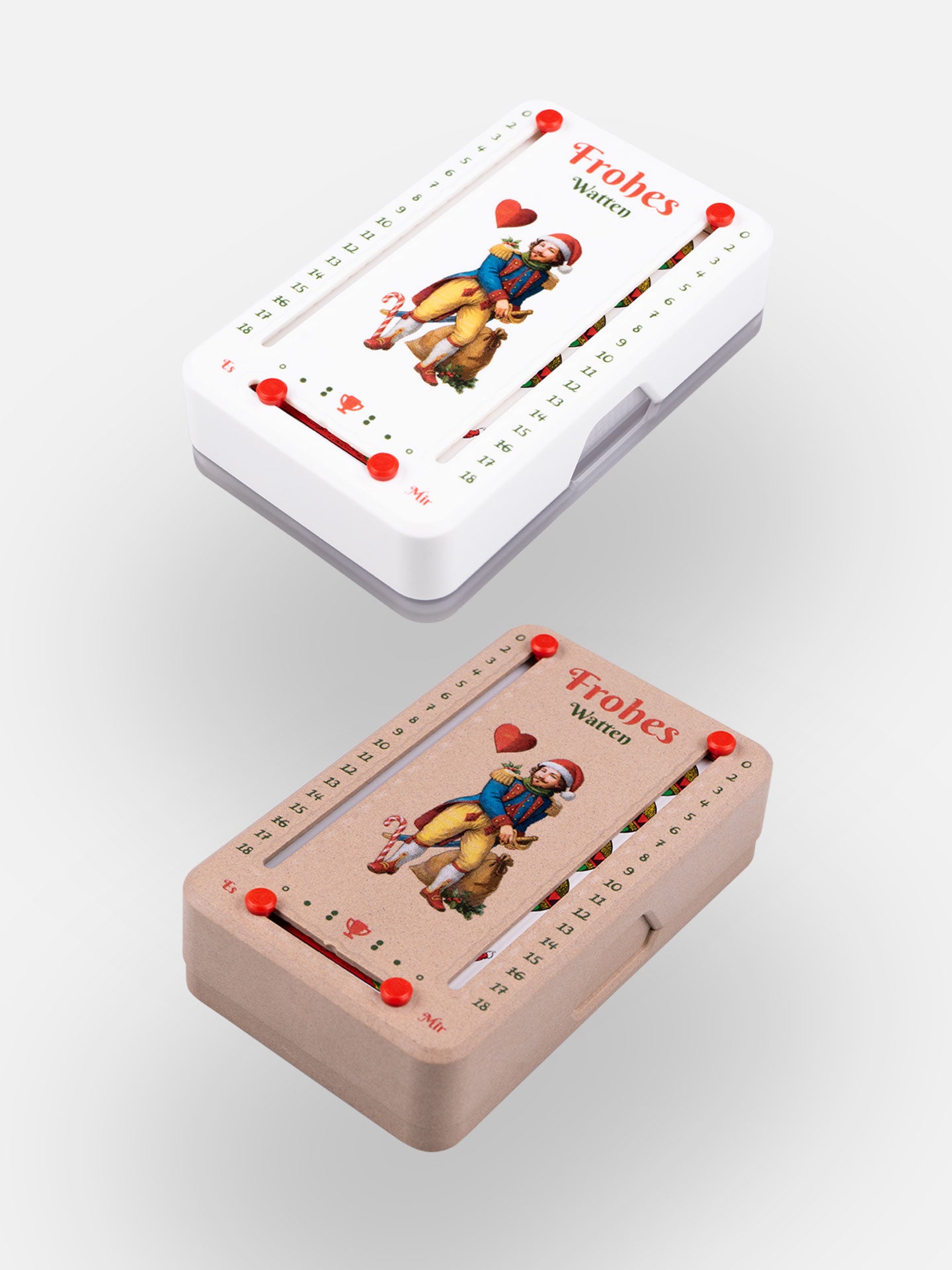 Zwei Wattblöckln in perspektive fotografiert (Kunststoff weiß, Holzoptik) mit Ober der Weihnacht als Motiv auf grauen Hintergrund.