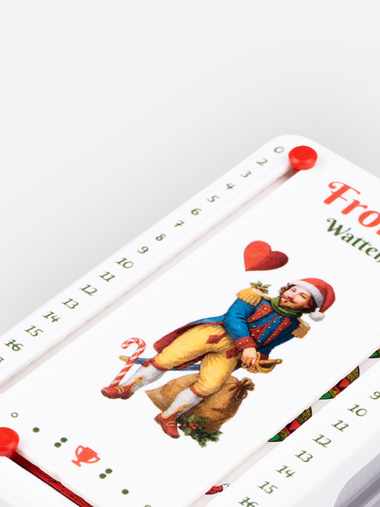 Detail Aufnahme Wattblöckl aus weißem  Kunststoff mit Ober der Weihnacht Motiv auf grauen Hintergrund.