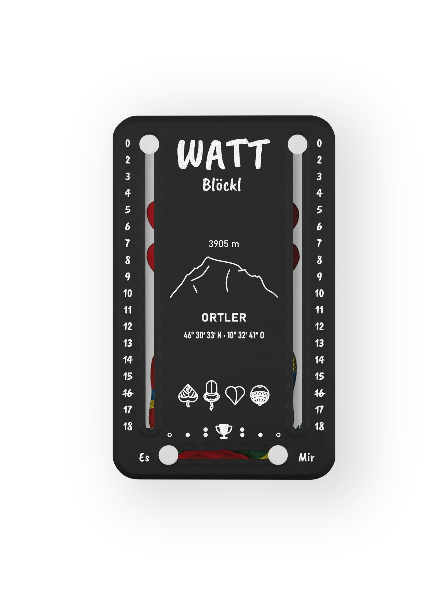 Wattblöckl bis 18 Punkte in Kunststoff schwarz und weissen Pins - mit Ortler Motiv auf transparenten Hintergrund.