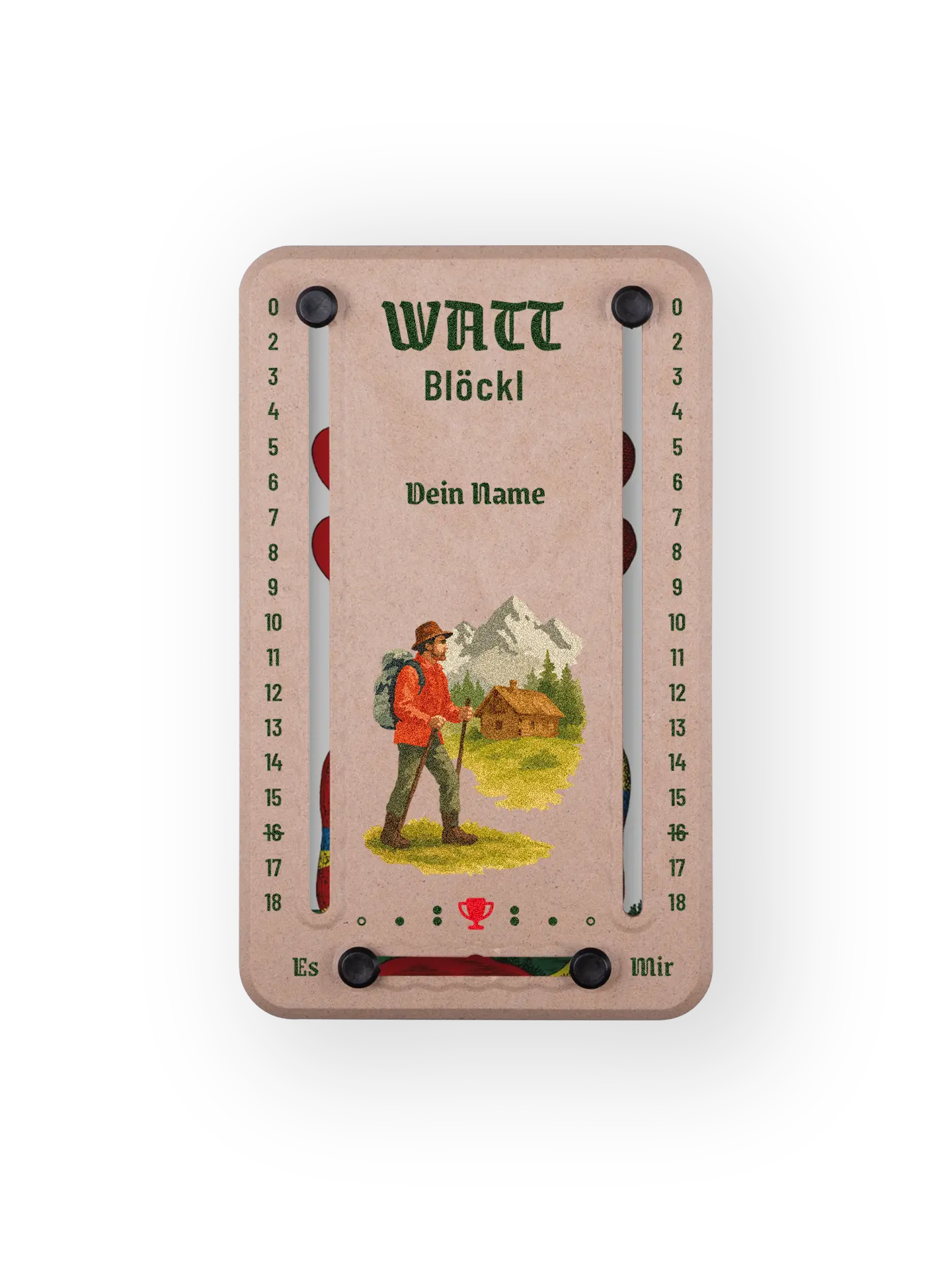 Wattblöckl in Holzoptik mit Outdoor-Motiv und individueller Namens-Personalisierung