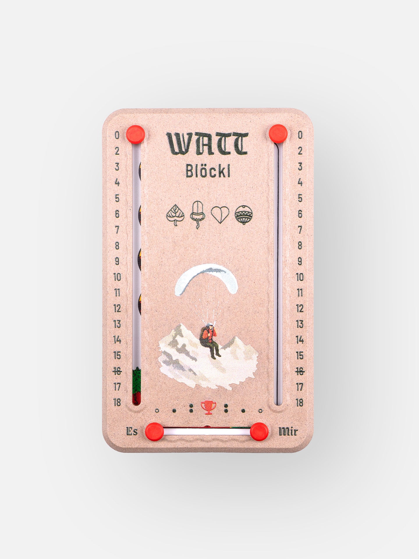 Wattblöckl in Holzoptik und roten Pins - mit Paragleiter Motiv auf grauen Hintergrund.