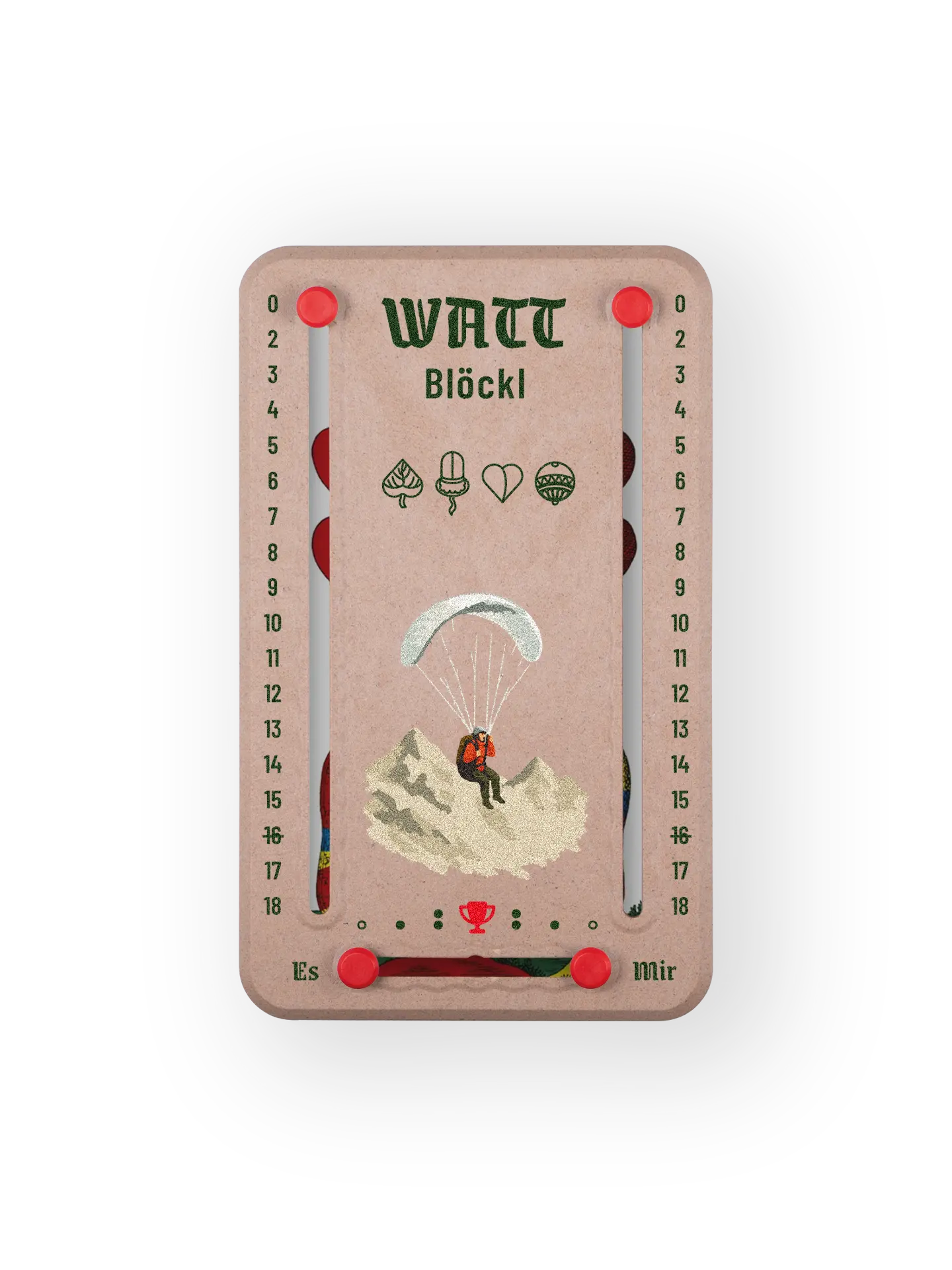 Wattblöckl bis 18 Punkte in Holzoptik und roten Pins - mit Paragleiter Motiv auf transparenten Hintergrund.