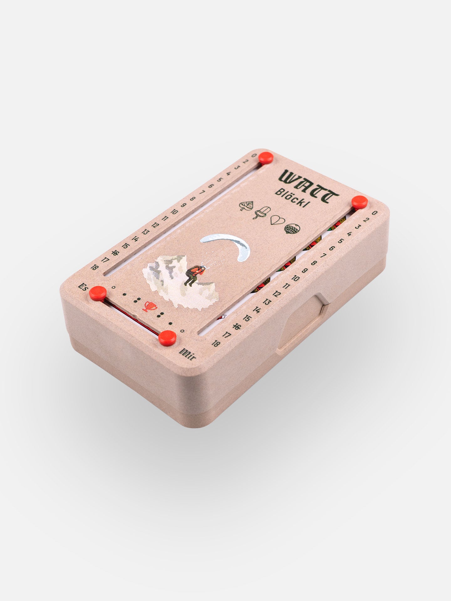 Wattblöckl (perspektivisch fotografiert) in Holzoptik mit Motiv Paragleiter.