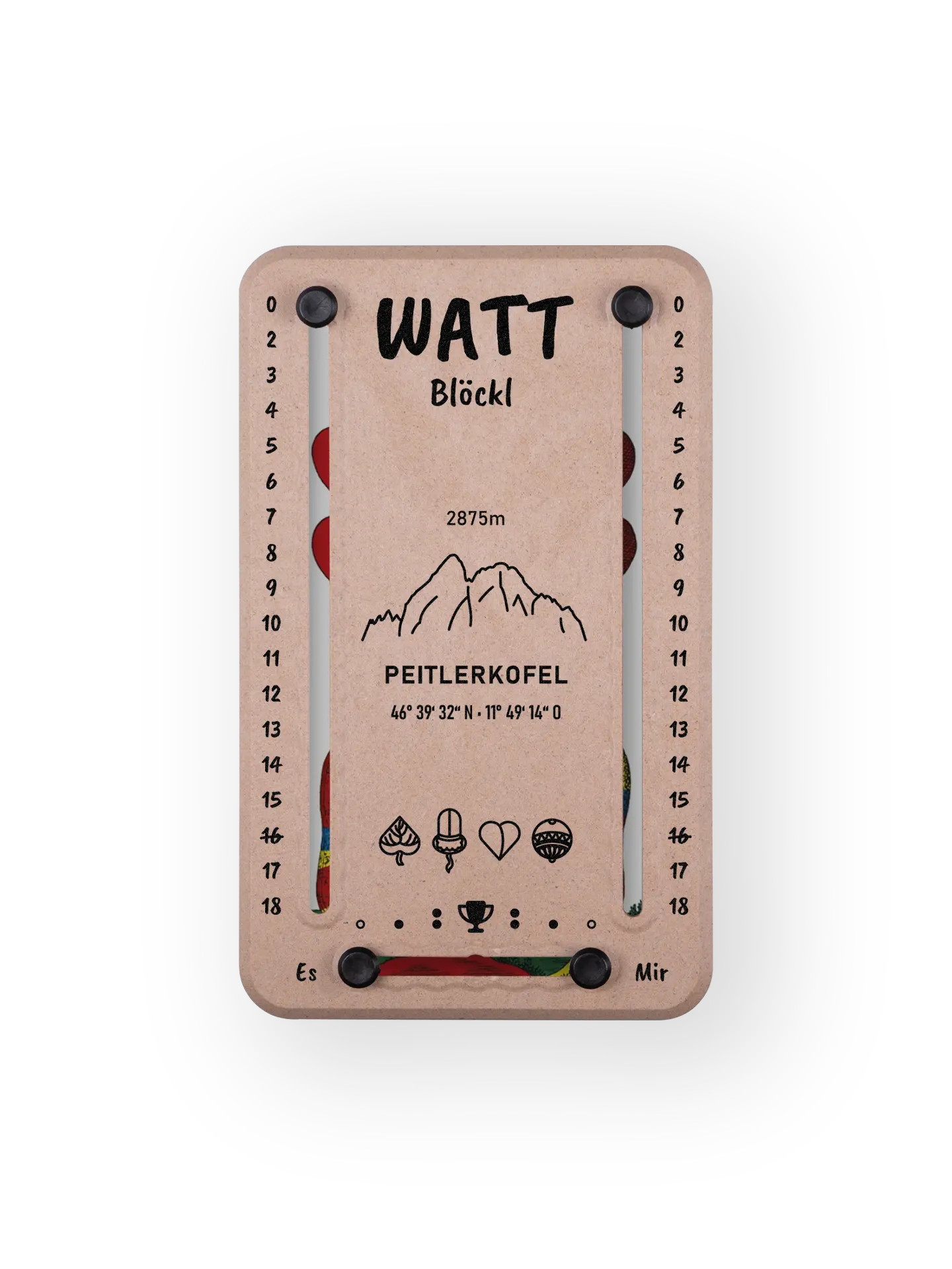 Wattblöckl bis 18 Punkte in Holzoptik und schwarzen Pins - mit Peitlerkofel Motiv auf transparenten Hintergrund.