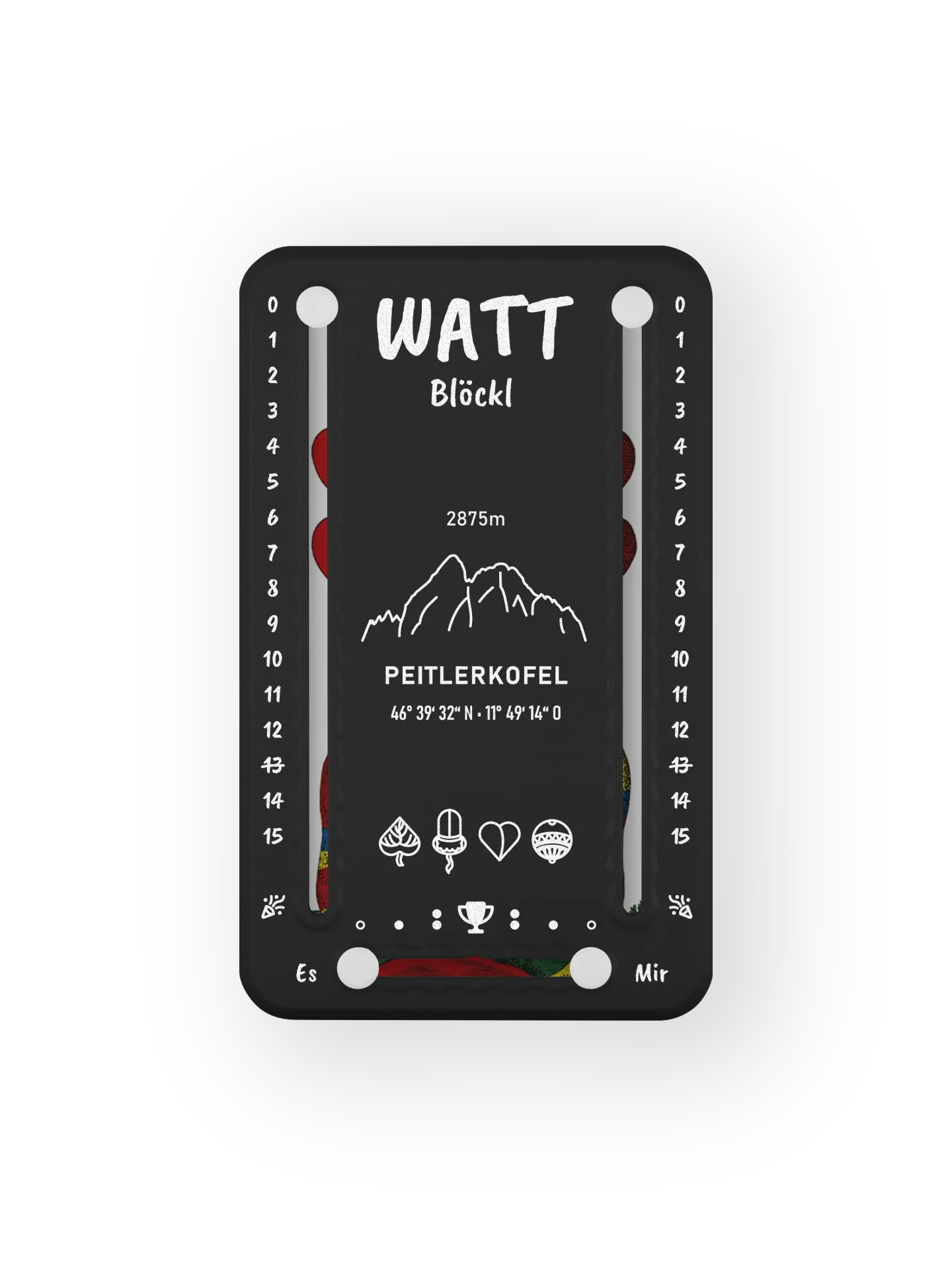 Wattblöckl bis 15 Punkte in Kunststoff schwarz und weissen Pins - mit Peitlerkofel Motiv auf transparenten Hintergrund.