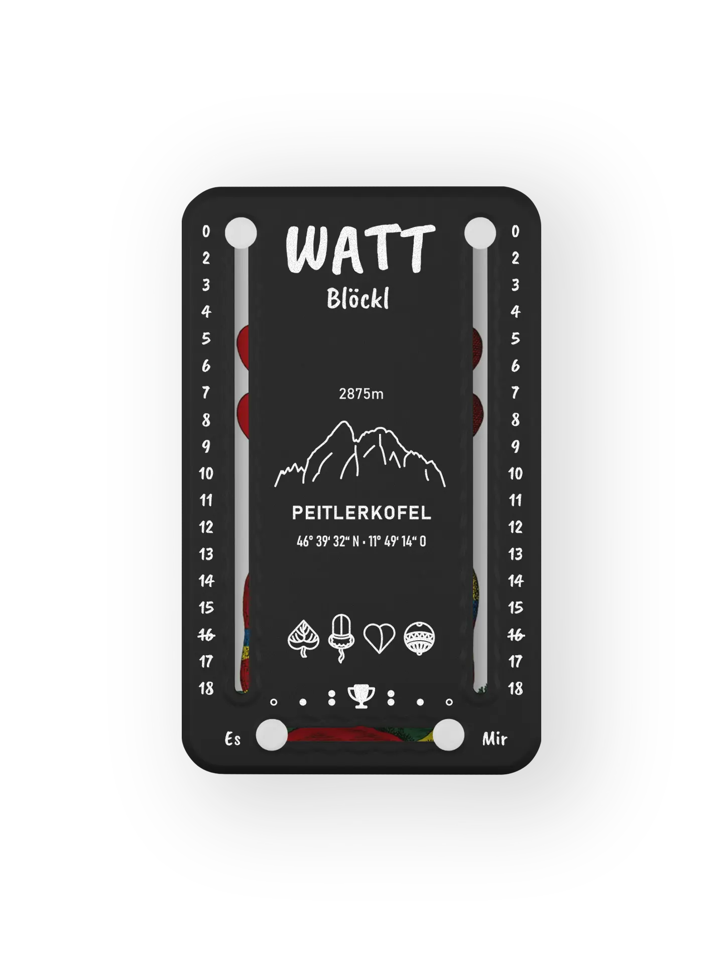 Wattblöckl bis 18 Punkte in Kunststoff schwarz und weissen Pins - mit Peitlerkofel Motiv auf transparenten Hintergrund.