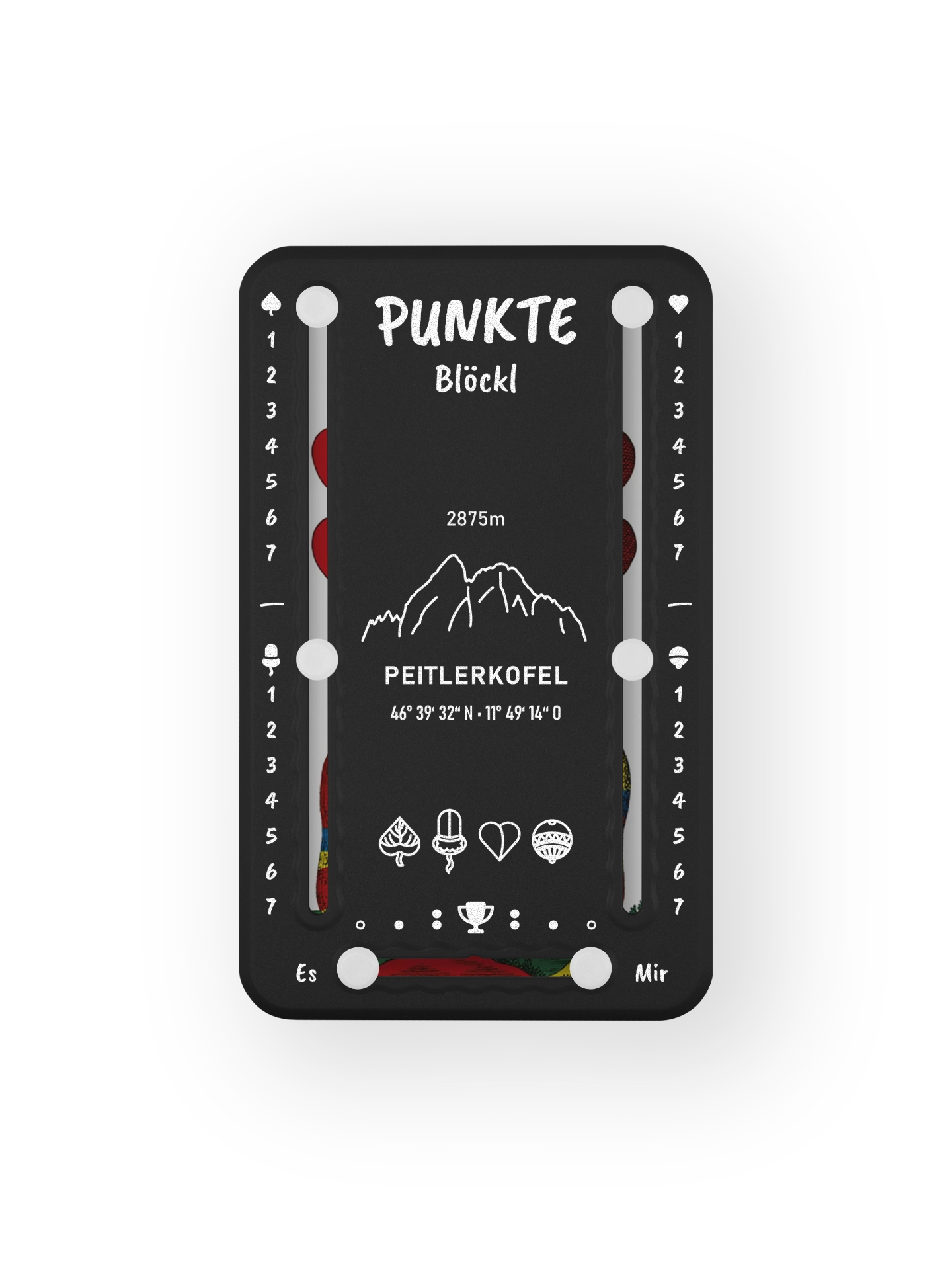 Punkteblöckl bis jeweils 7 Punkte in Kunststoff schwarz und weissen Pins - mit Peitlerkofel Motiv auf transparenten Hintergrund.