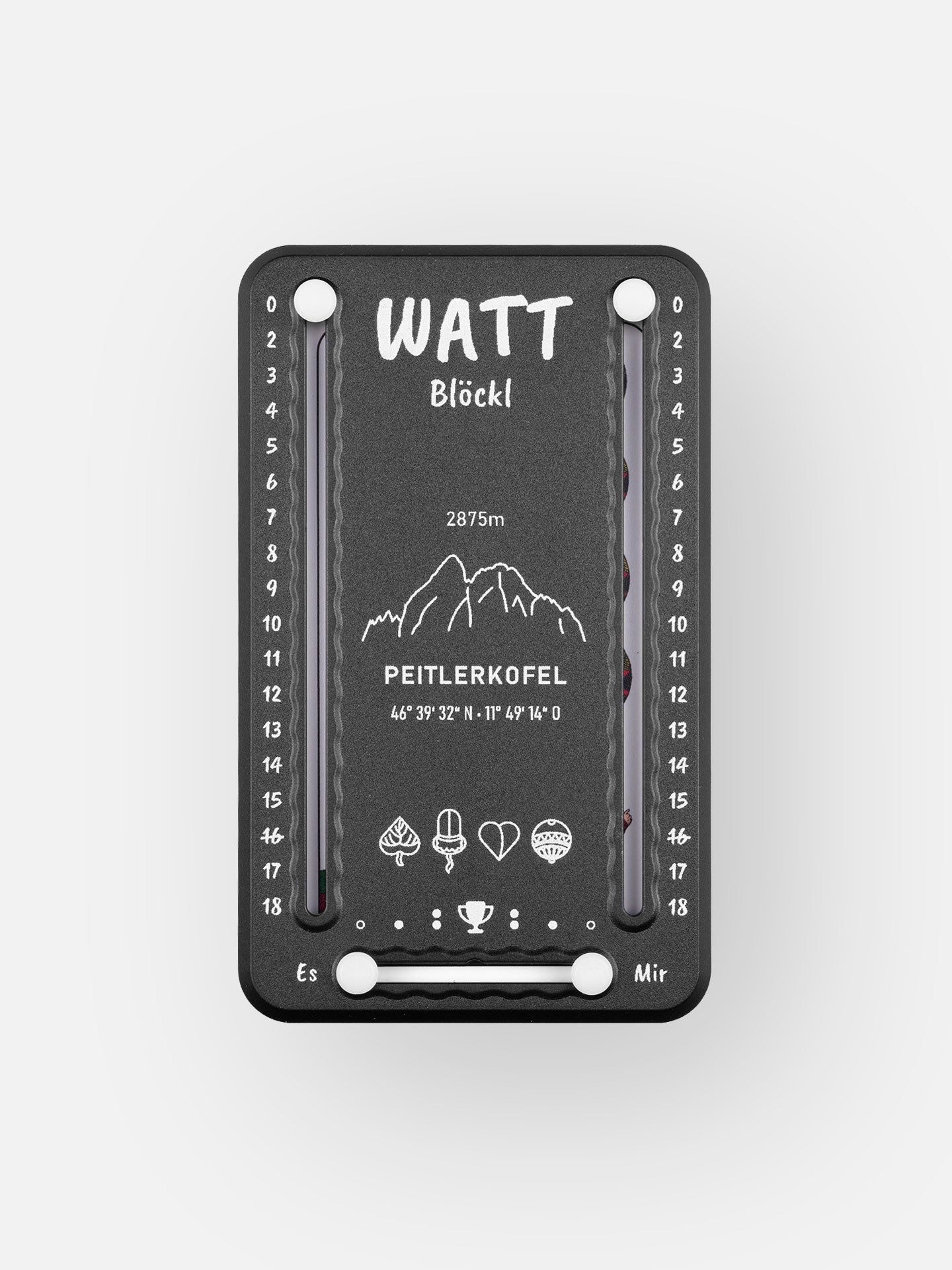 Wattblöckl aus Kunststoff in schwarz und weißen Pins - mit Peitlerkofel Motiv auf grauen Hintergrund.