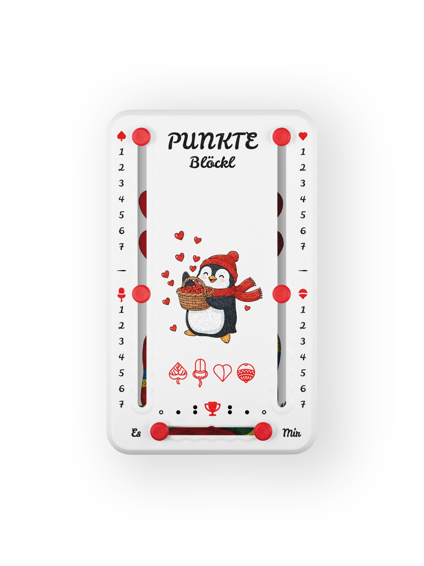 Punkteblöckl bis jeweils 7 Punkte in Kunststoff weiß  und roten Pins - mit Pinguin Motiv auf transparenten Hintergrund.