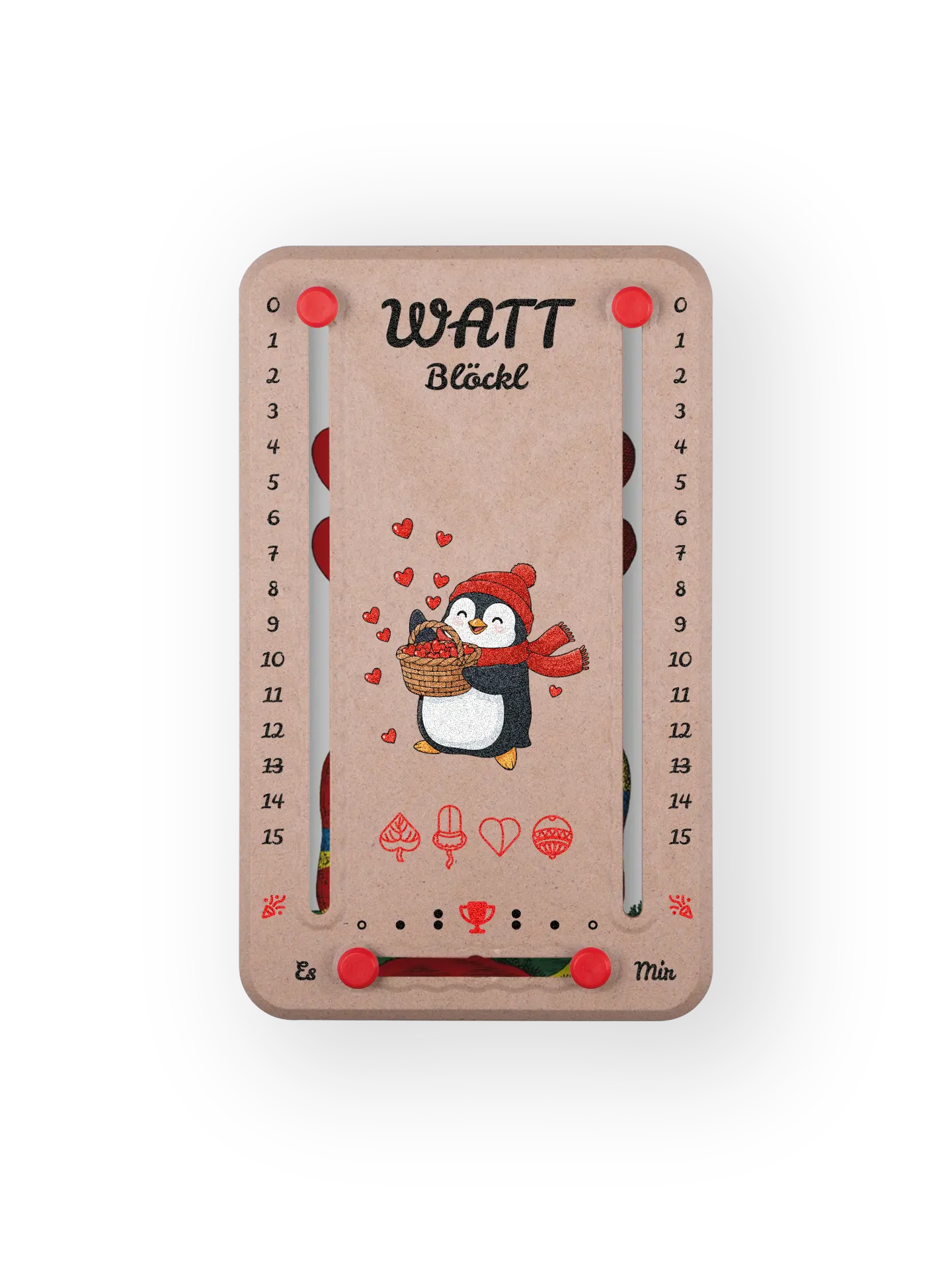 Wattblöckl bis 15 Punkte in Holzoptik und roten Pins - mit Pinguin Motiv auf transparenten Hintergrund.