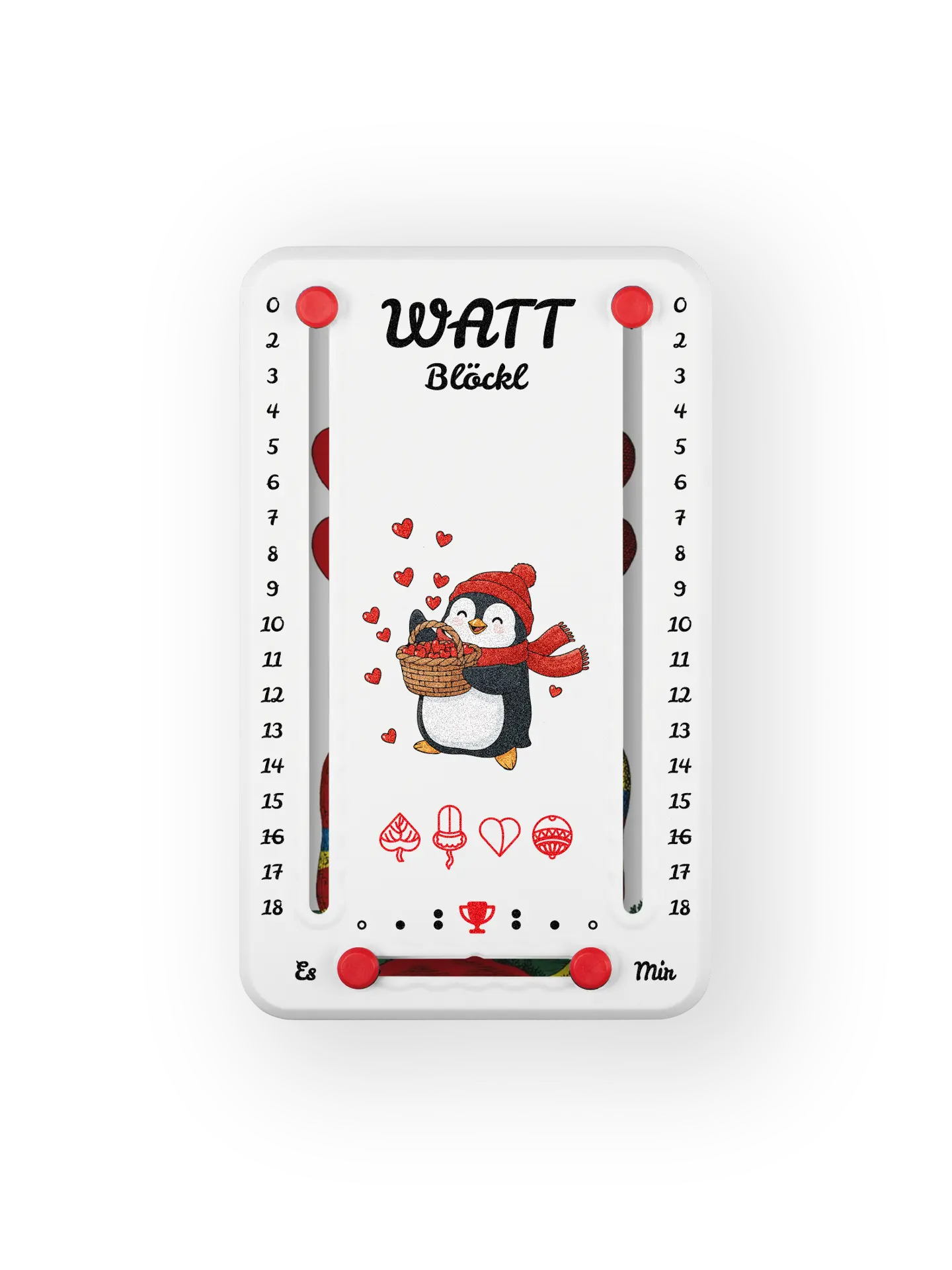 Wattbloeckl bis 18 Punkte in Kunststoff weiß  und roten Pins - mit Pinguin Motiv auf transparenten Hintergrund.