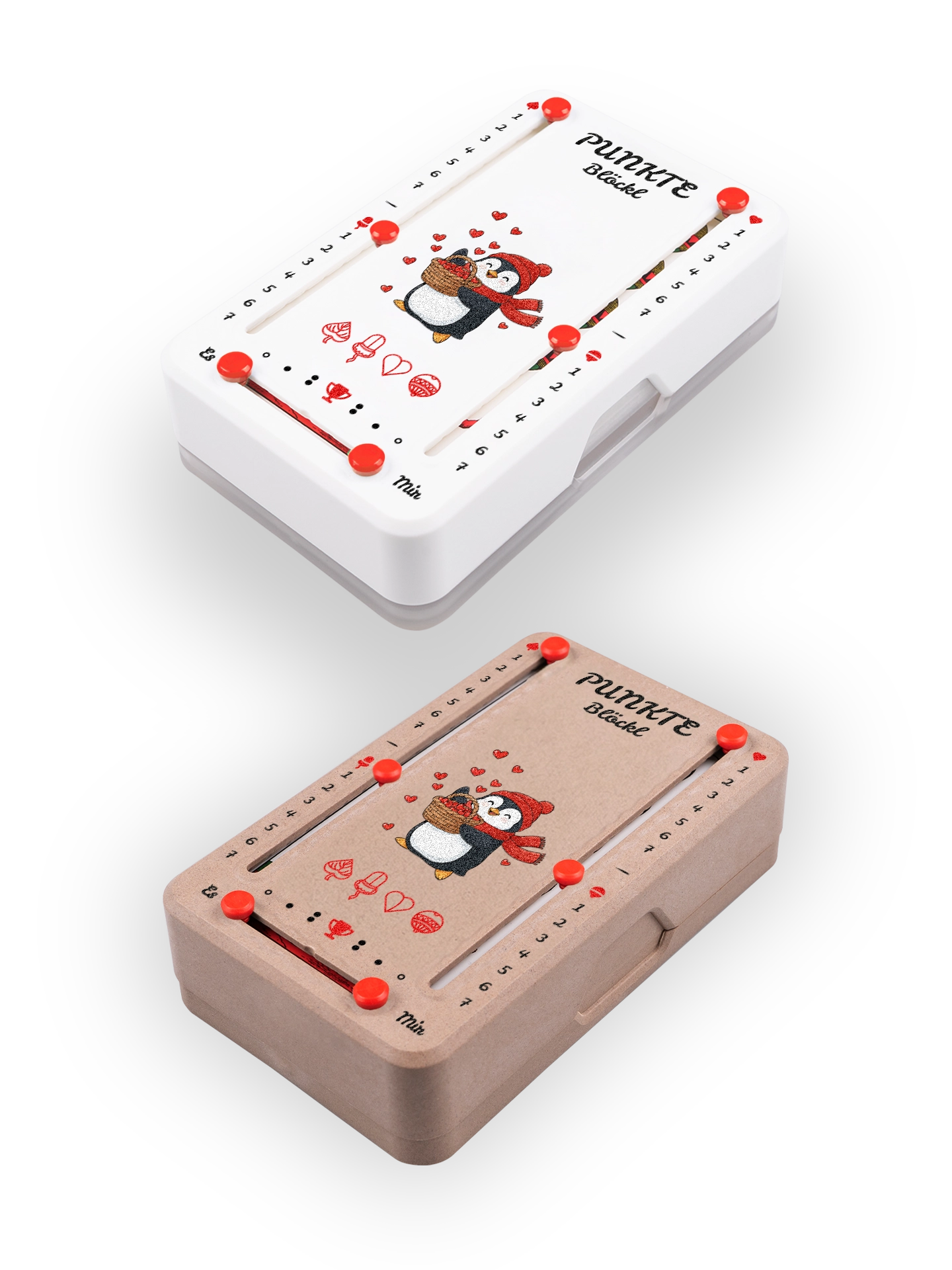 Zwei Punkteblöckl (perspektivisch fotografiert) in Kunststoff weiß und Holzoptik mit Motiv Pinguin.