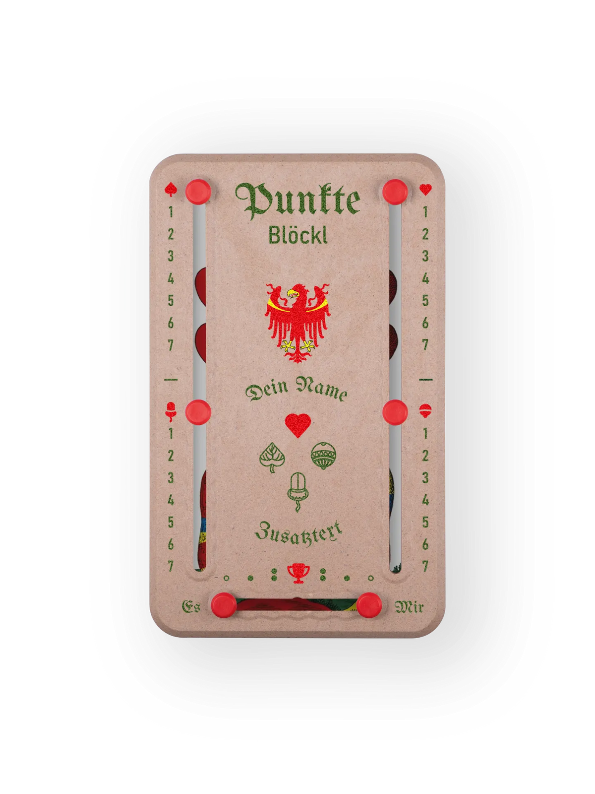 Punkteblöckl in Holzoptik mit Suedtirol-Motiv und individueller Namens-Personalisierung