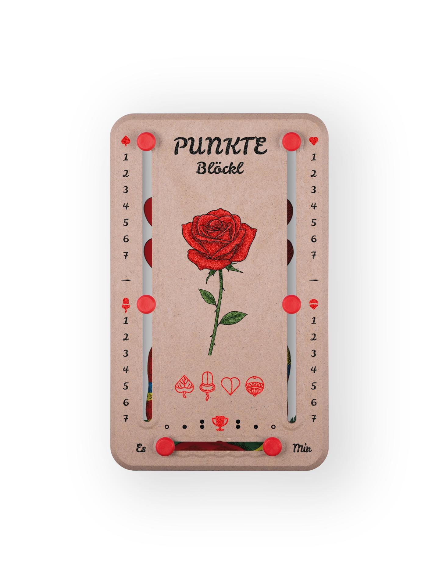 Punkteblöckl bis jeweils 7 Punkte in Holzoptik und roten Pins - mit Rose Motiv auf transparenten Hintergrund.