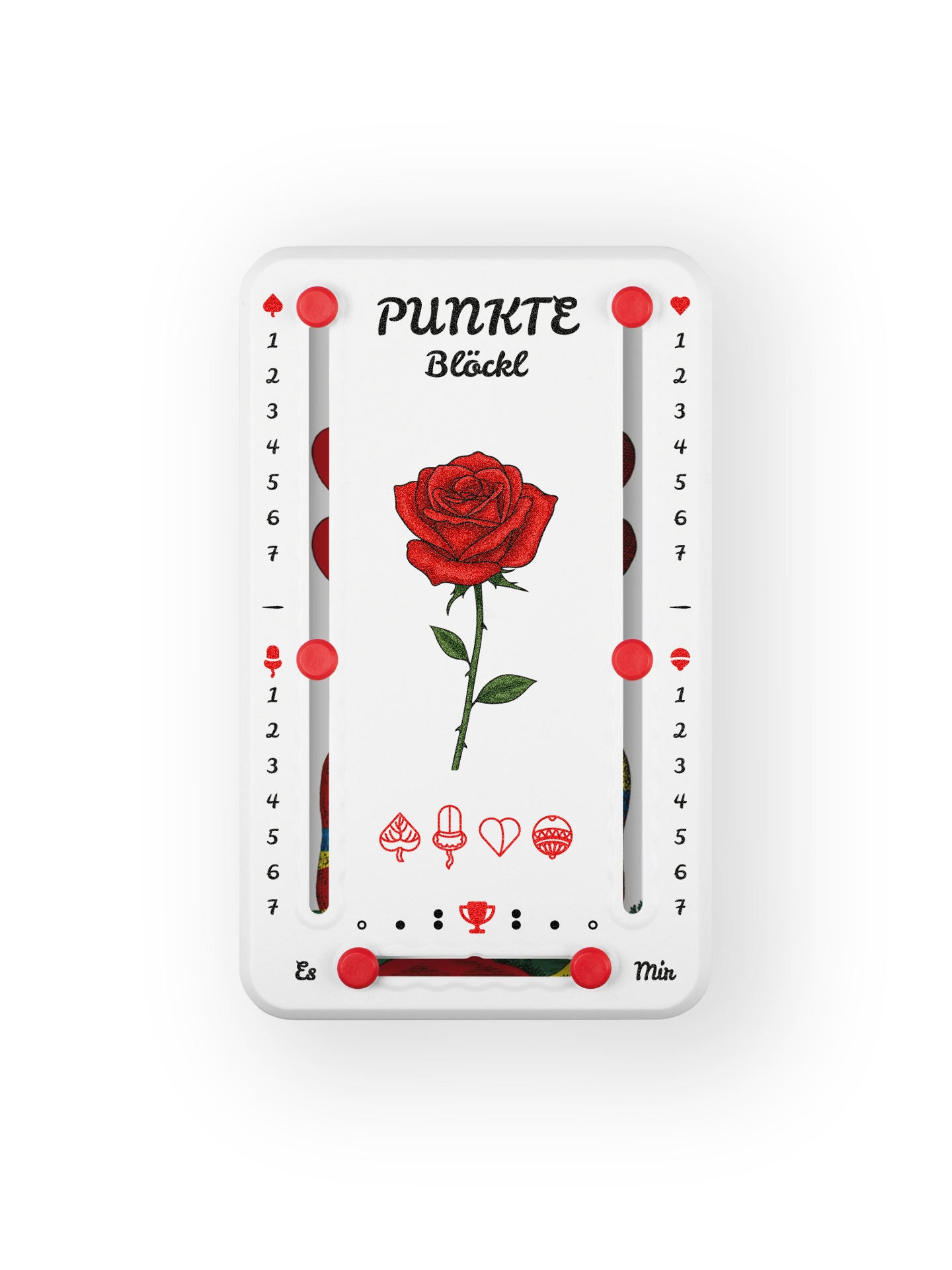 Punkteblöckl bis jeweils 7 Punkte in Kunststoff weiß  und roten Pins - mit Rose Motiv auf transparenten Hintergrund.