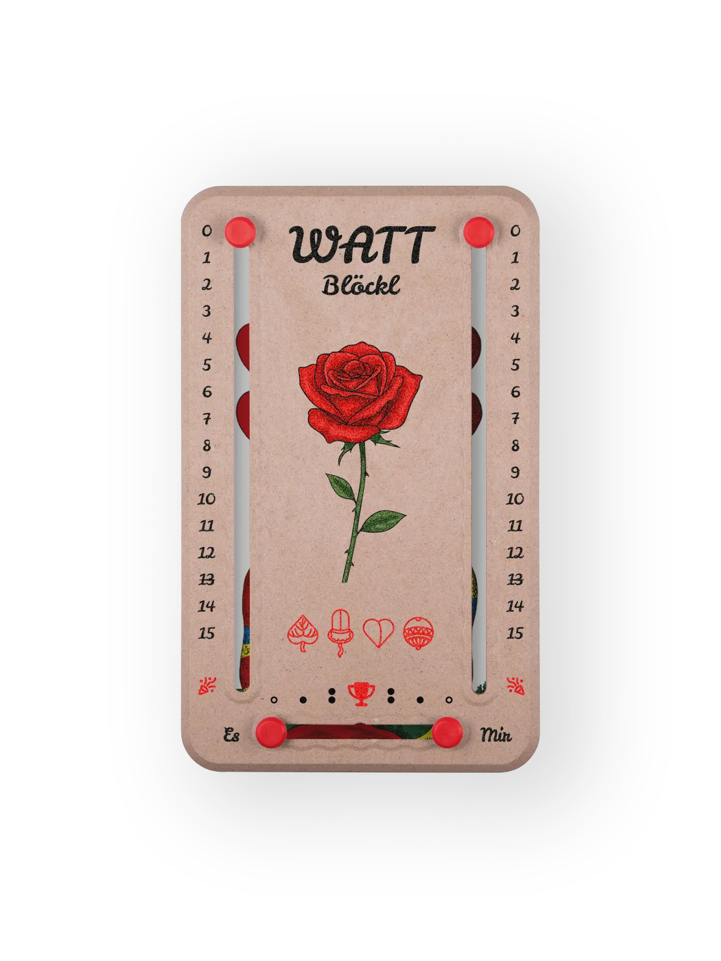 Wattblöckl bis 15 Punkte in Holzoptik und roten Pins - mit Rose Motiv auf transparenten Hintergrund.