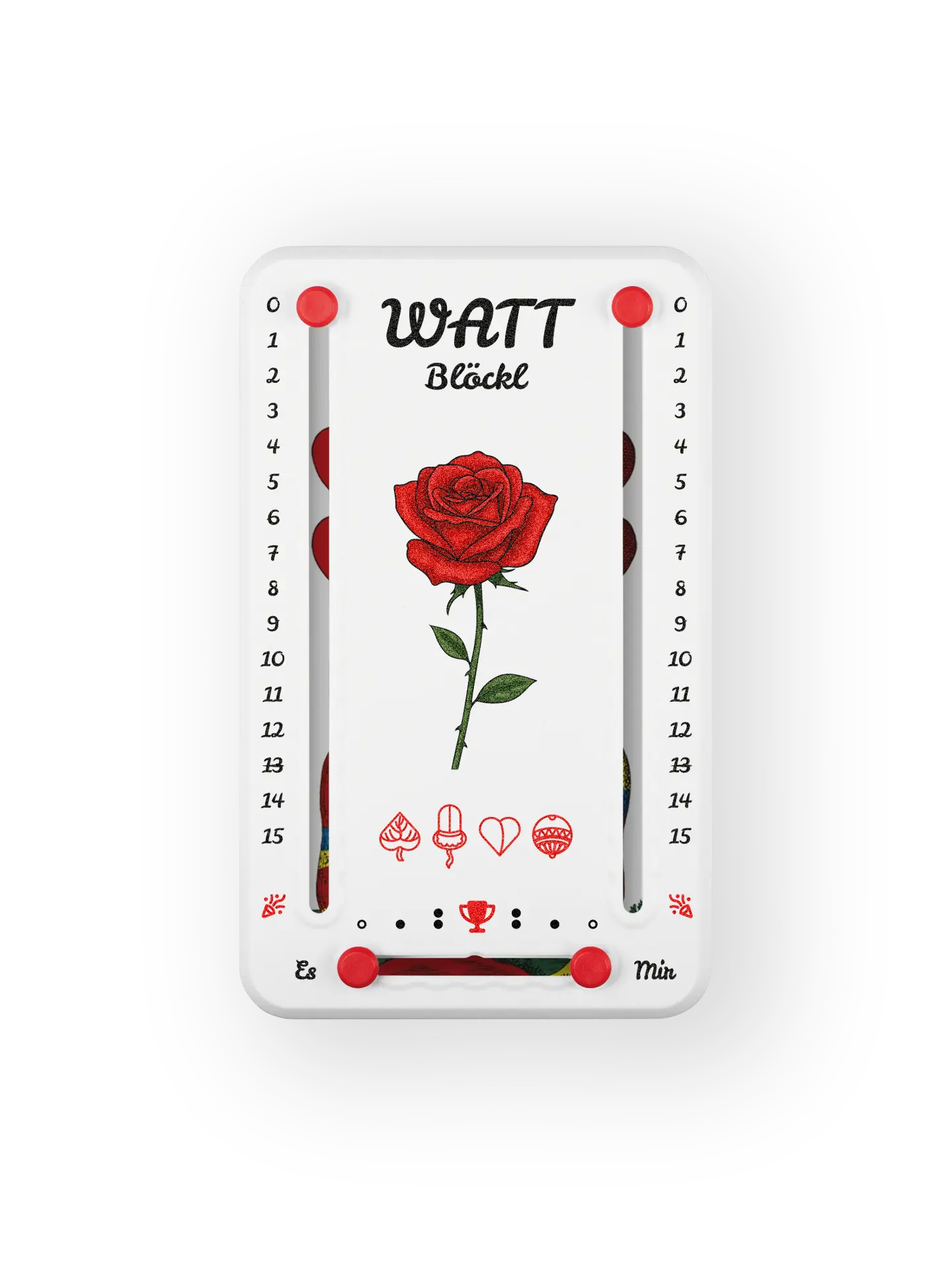 Wattbloeckl bis 15 Punkte in Kunststoff weiß  und roten Pins - mit Rose Motiv auf transparenten Hintergrund.