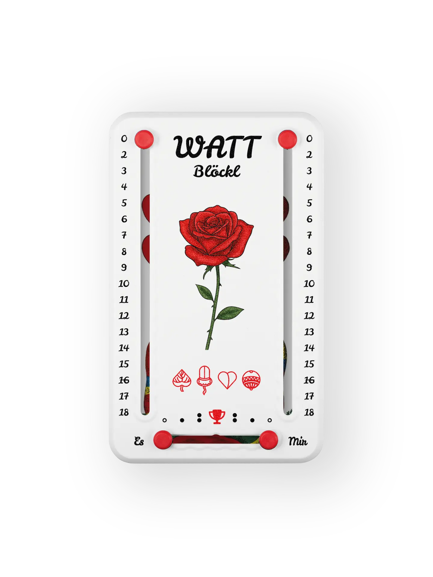 Wattbloeckl bis 18 Punkte in Kunststoff weiß  und roten Pins - mit Rose Motiv auf transparenten Hintergrund.